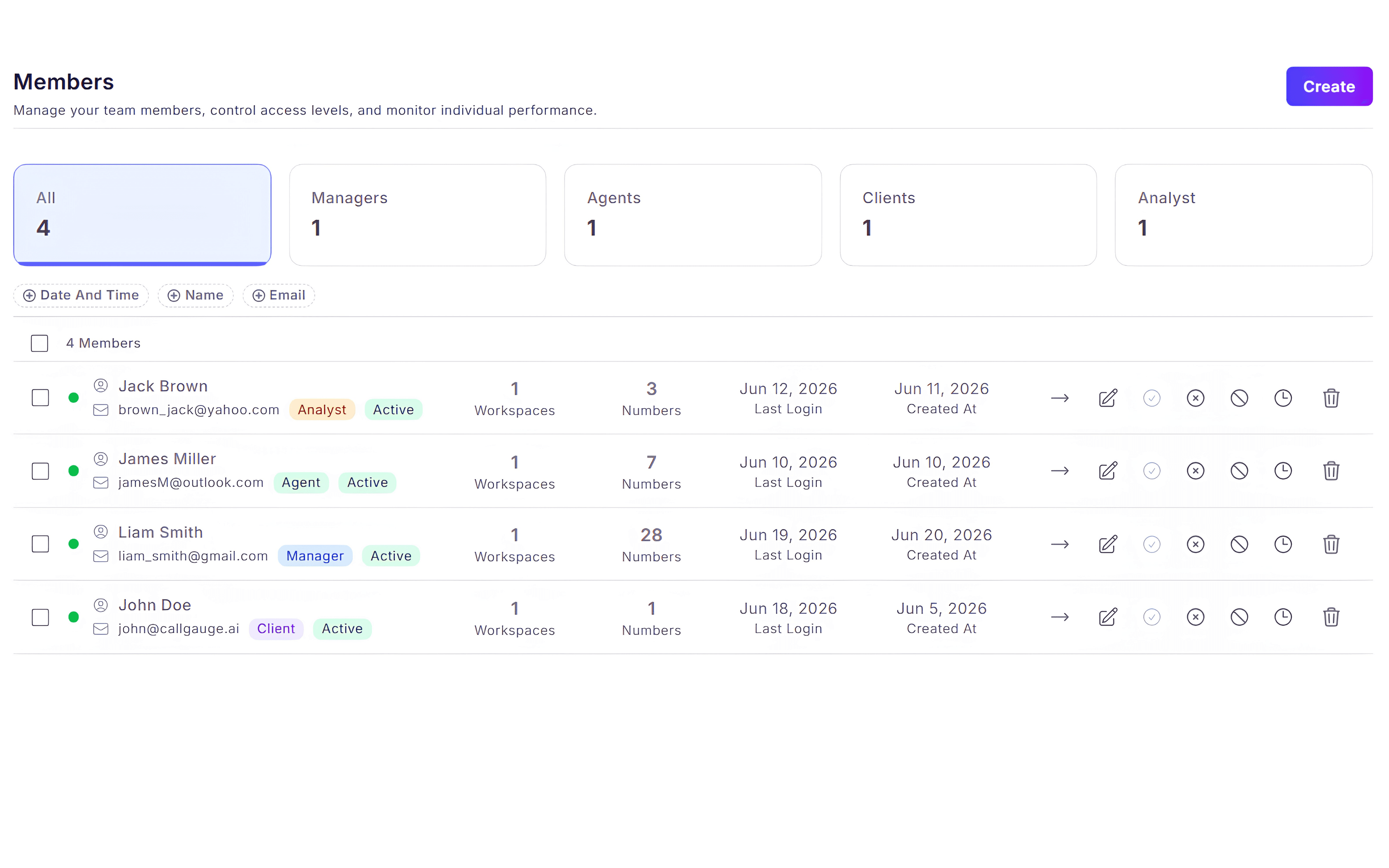 CallGauge AI multi-tenant agency dashboard layout illustrating isolated workspace environments, clean account switching dropdowns, client list overviews, and team access permissions