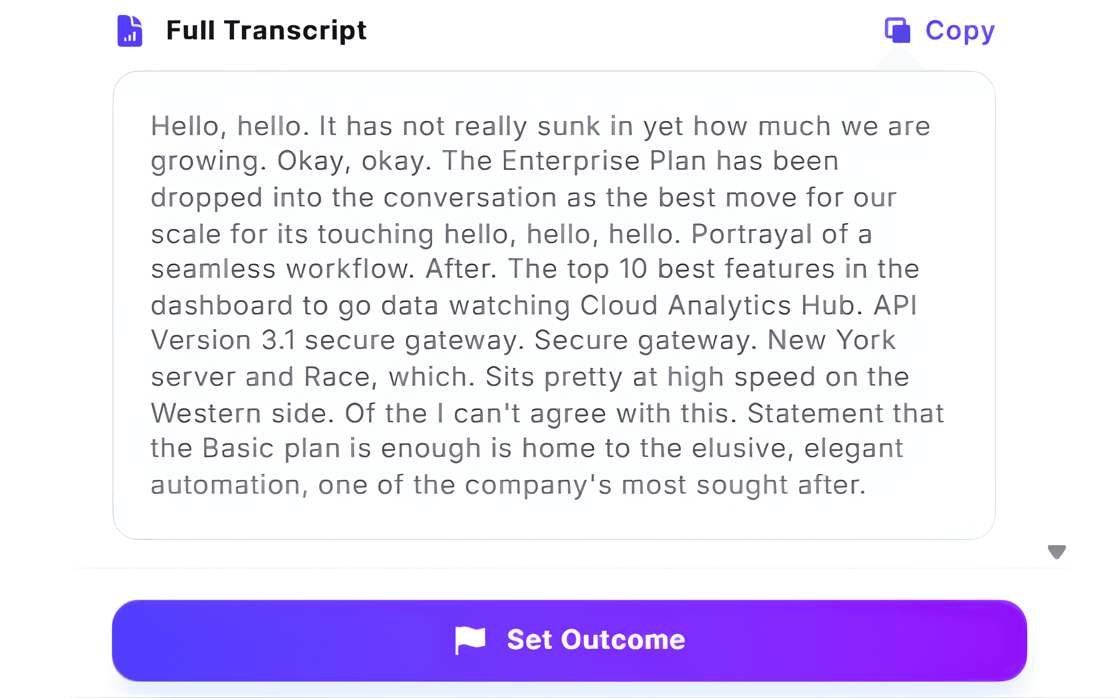 Detailed call transcription view showing speaker-by-speaker breakdown, searchable conversation text, and time-stamped call recordings for quality review.