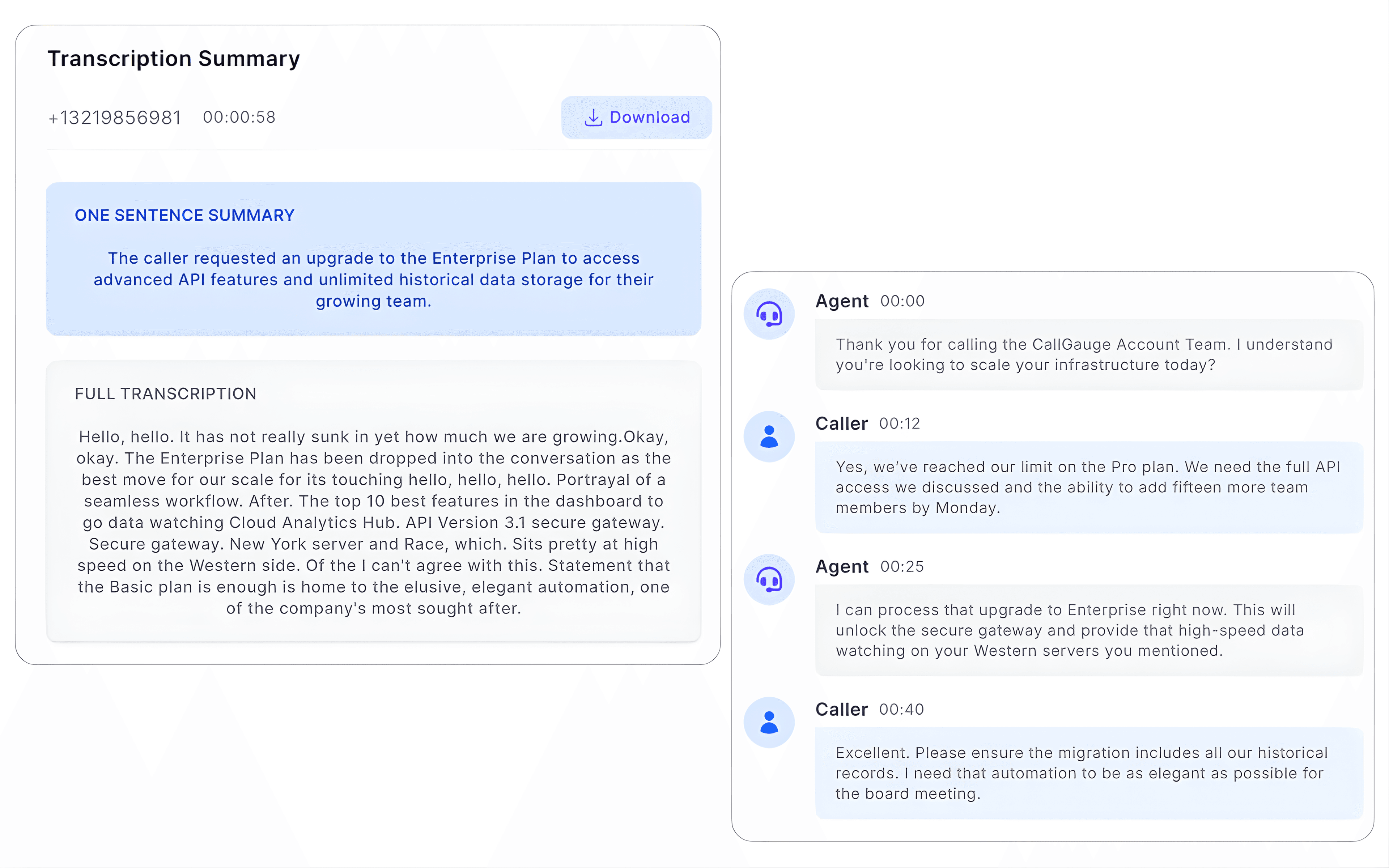 CallGauge AI email notification example showing automated call details, summary highlights, and transcript links delivered directly to a user's inbox