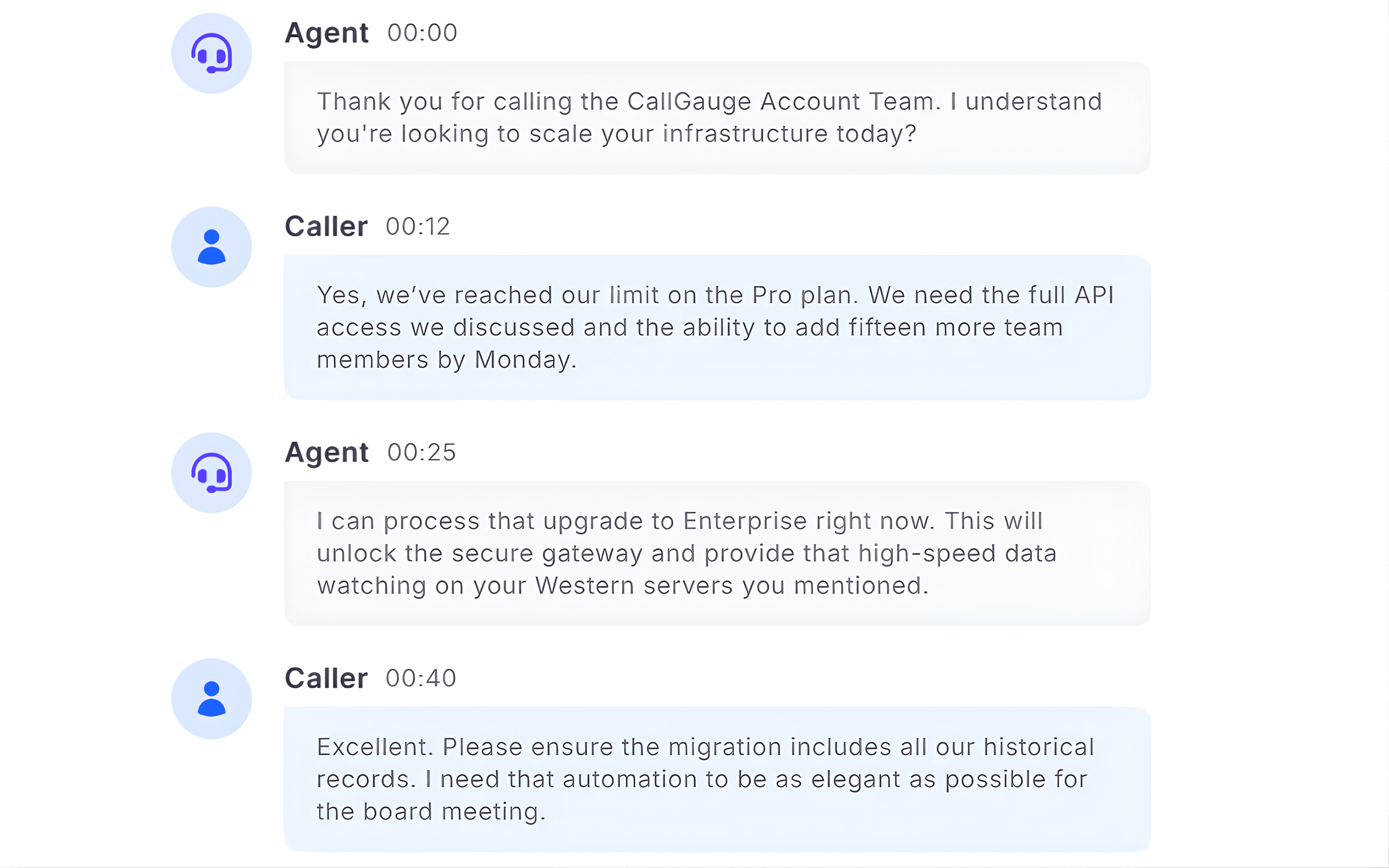 CallGauge AI transcription interface showing time-stamped speaker identification, distinguishing between agent and caller dialogue for easy conversation review.