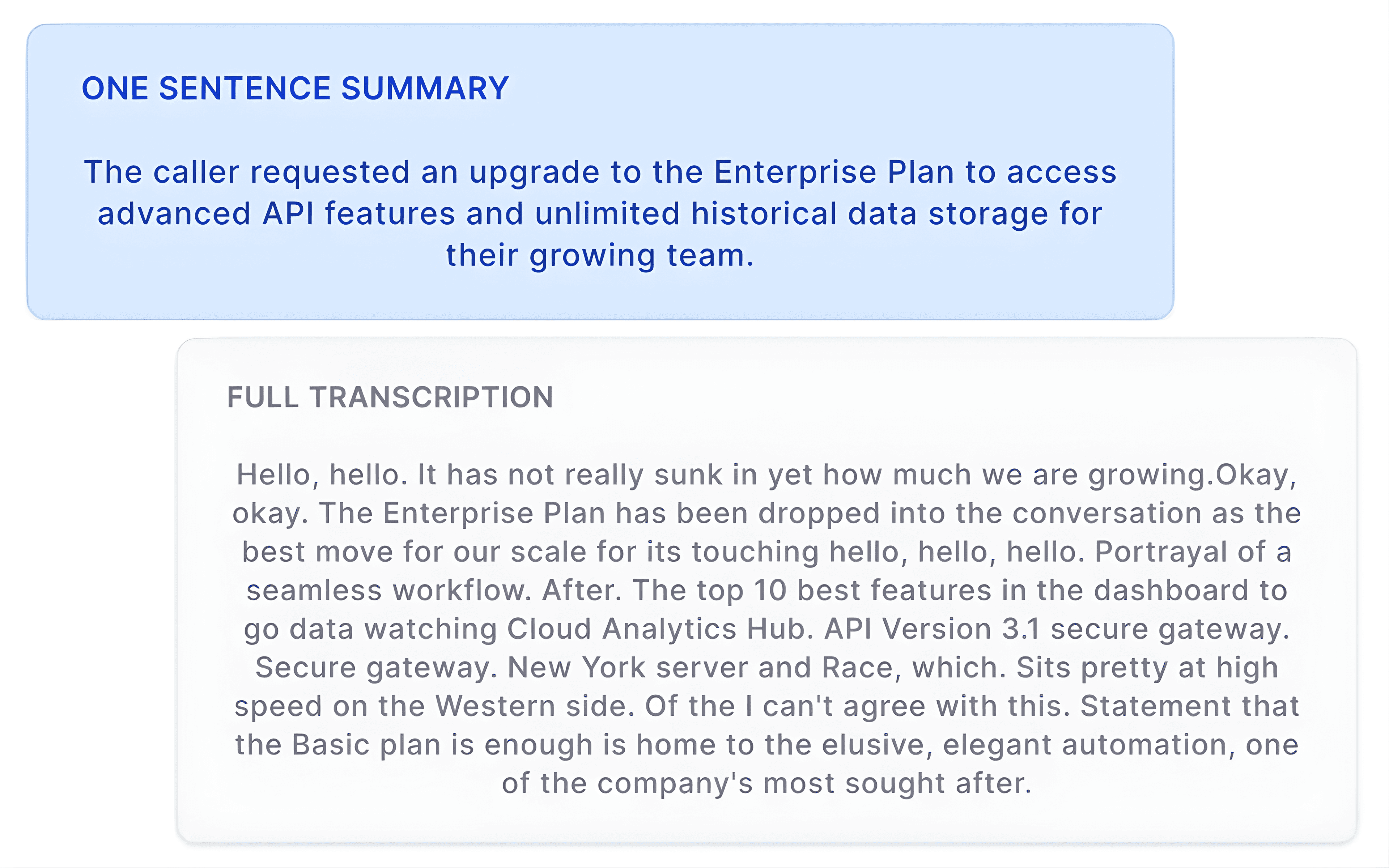 CallGauge AI interface showing an automated call summary, key discussion points, and a searchable call transcription for quick business insights.