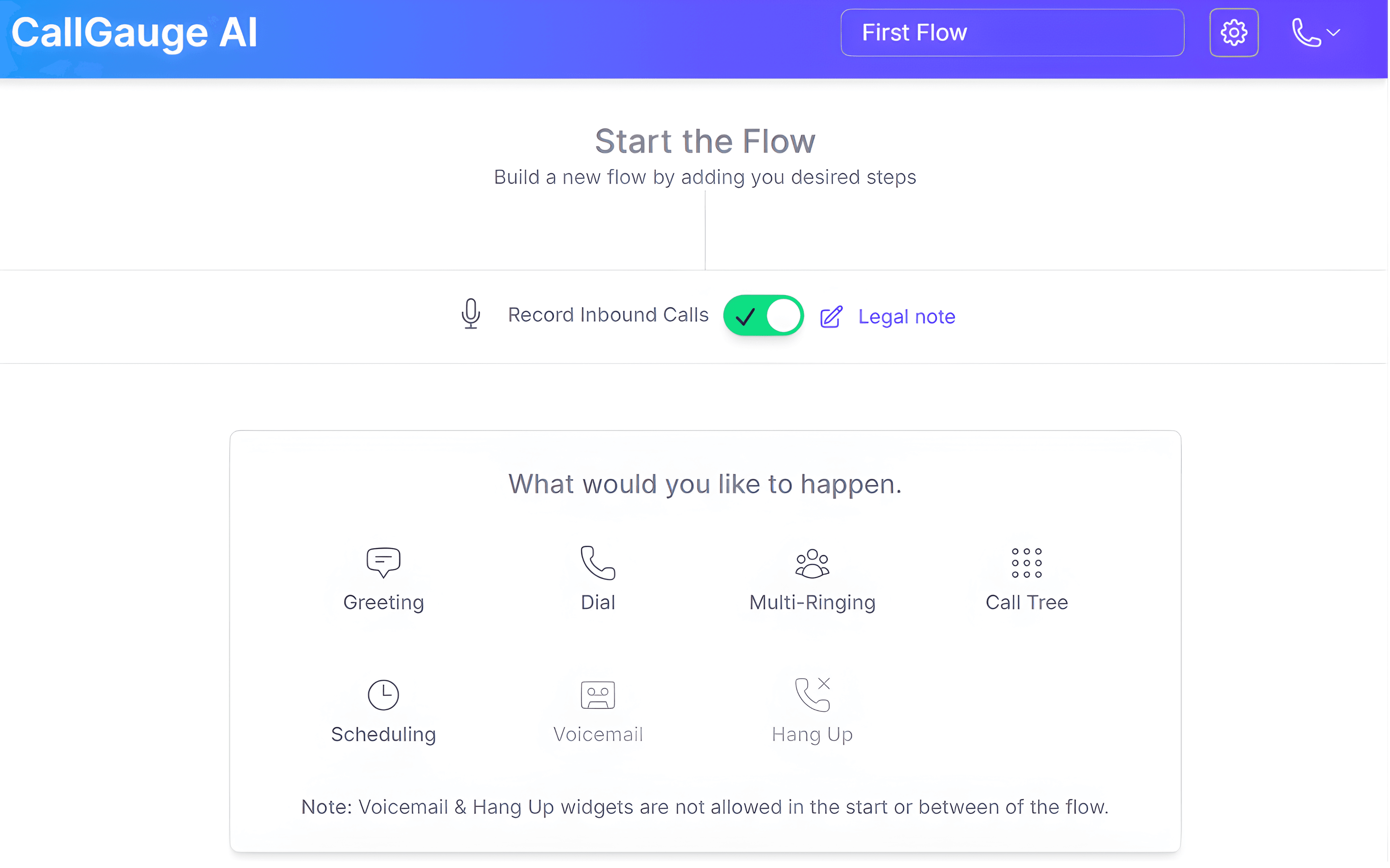 Visual call flow builder for IVR and call routing with multi-ringing, scheduling, voicemail, and inbound call recording in CallGauge AI.