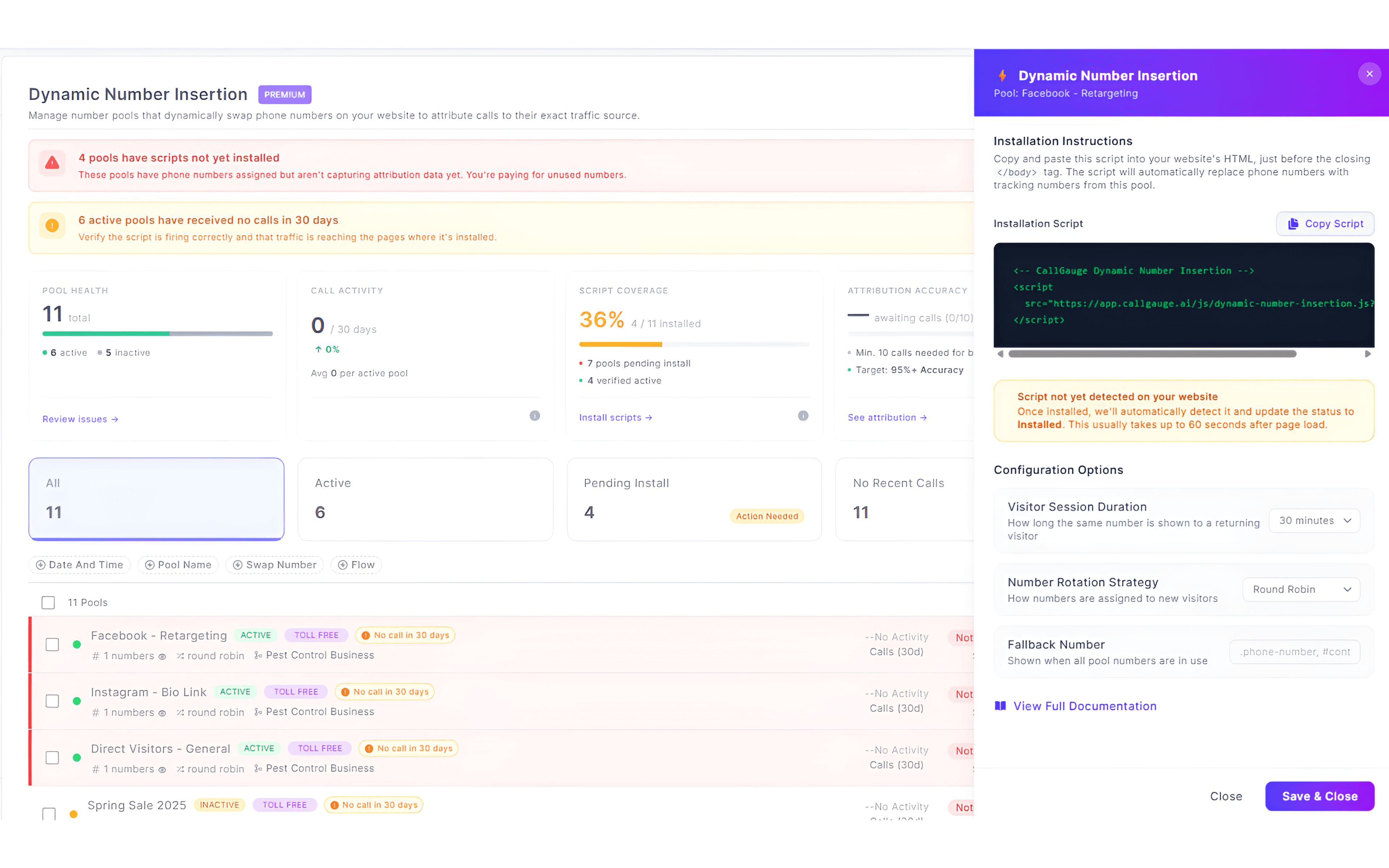 Dynamic Number Insertion call tracking setup with tracking script, number pools, visitor session duration, and attribution settings in CallGauge AI.