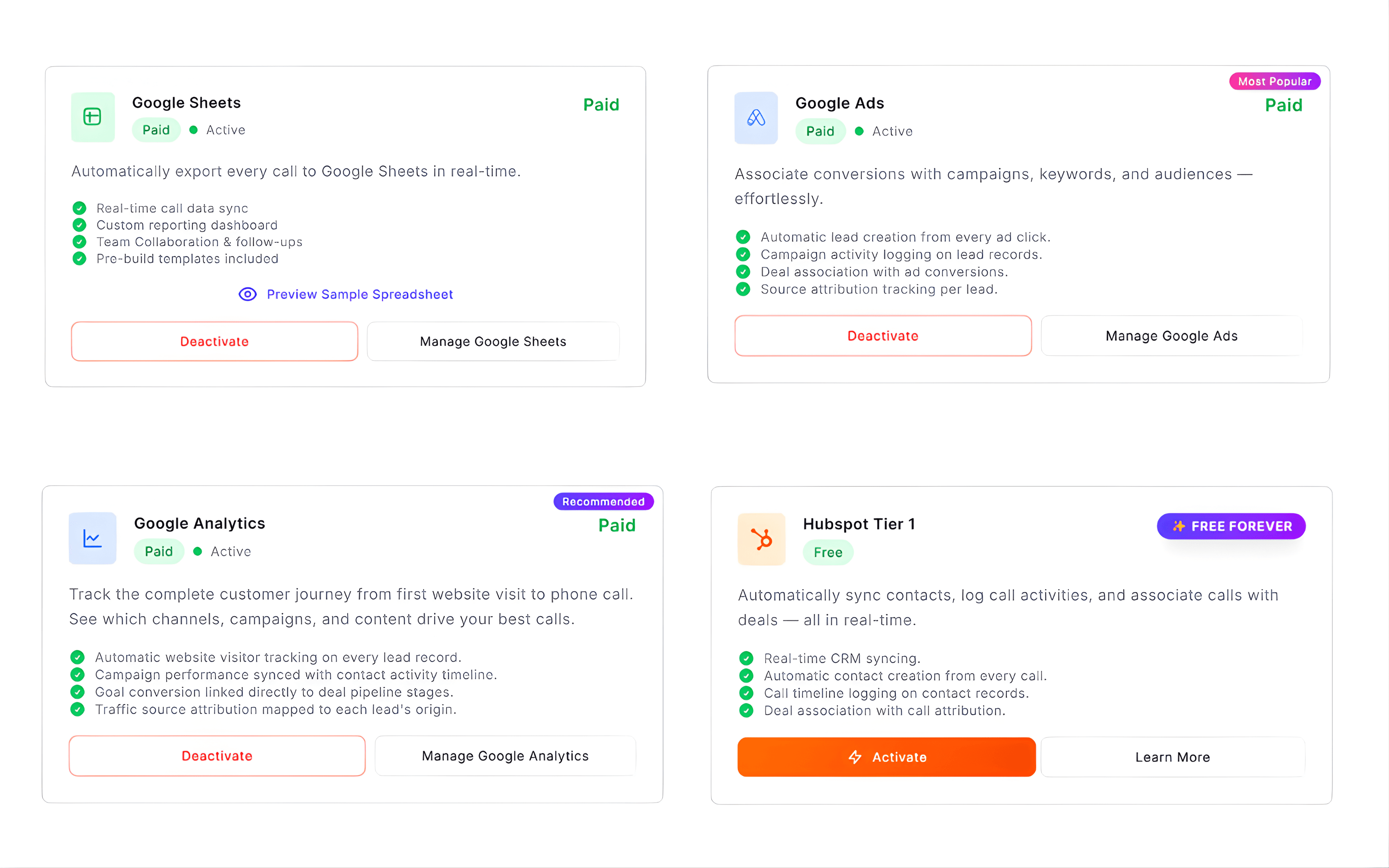 Call tracking software integrations with Google Ads, Google Analytics, HubSpot CRM, and Google Sheets for real-time call attribution and reporting in CallGauge AI.