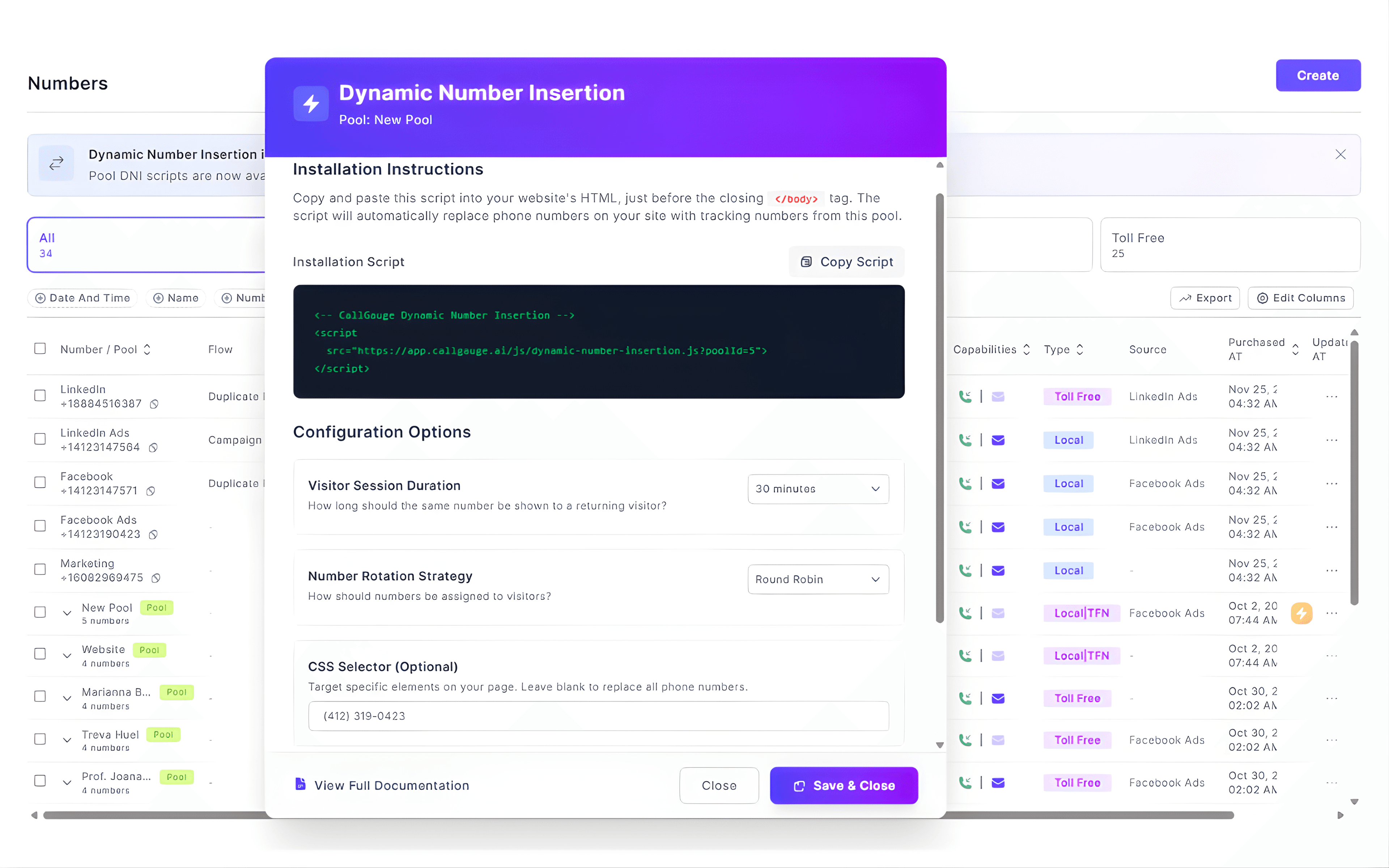 Dynamic Number Insertion call tracking setup with tracking script, number pools, visitor session duration, and attribution settings in CallGauge AI.