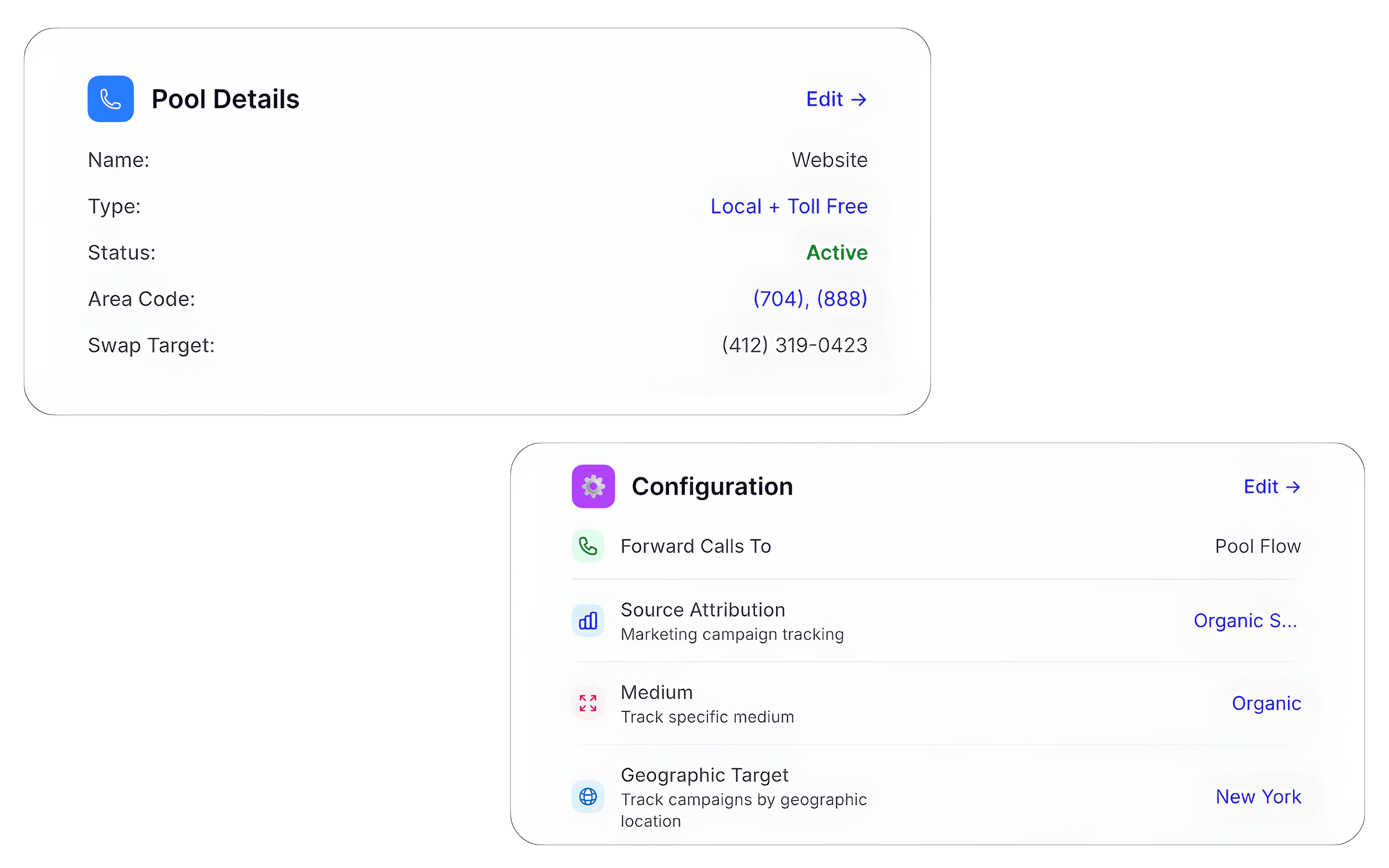 CallGauge AI number pool monitoring dashboard showing tracking health status, active call volume per pool, and real-time DNI script validation