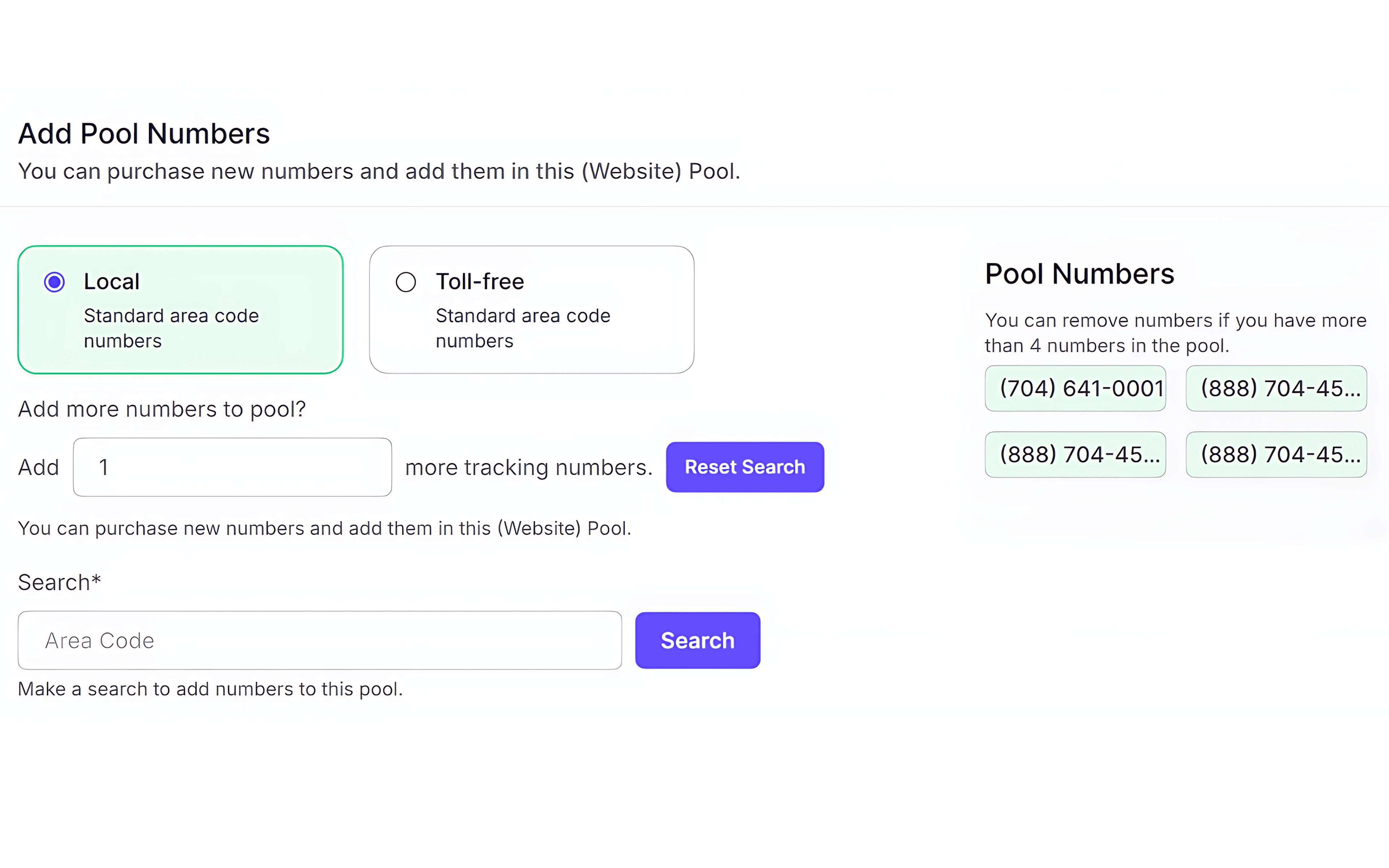 CallGauge AI configuration interface for Dynamic Number Insertion showing number pool setup, session duration settings, and call attribution rules