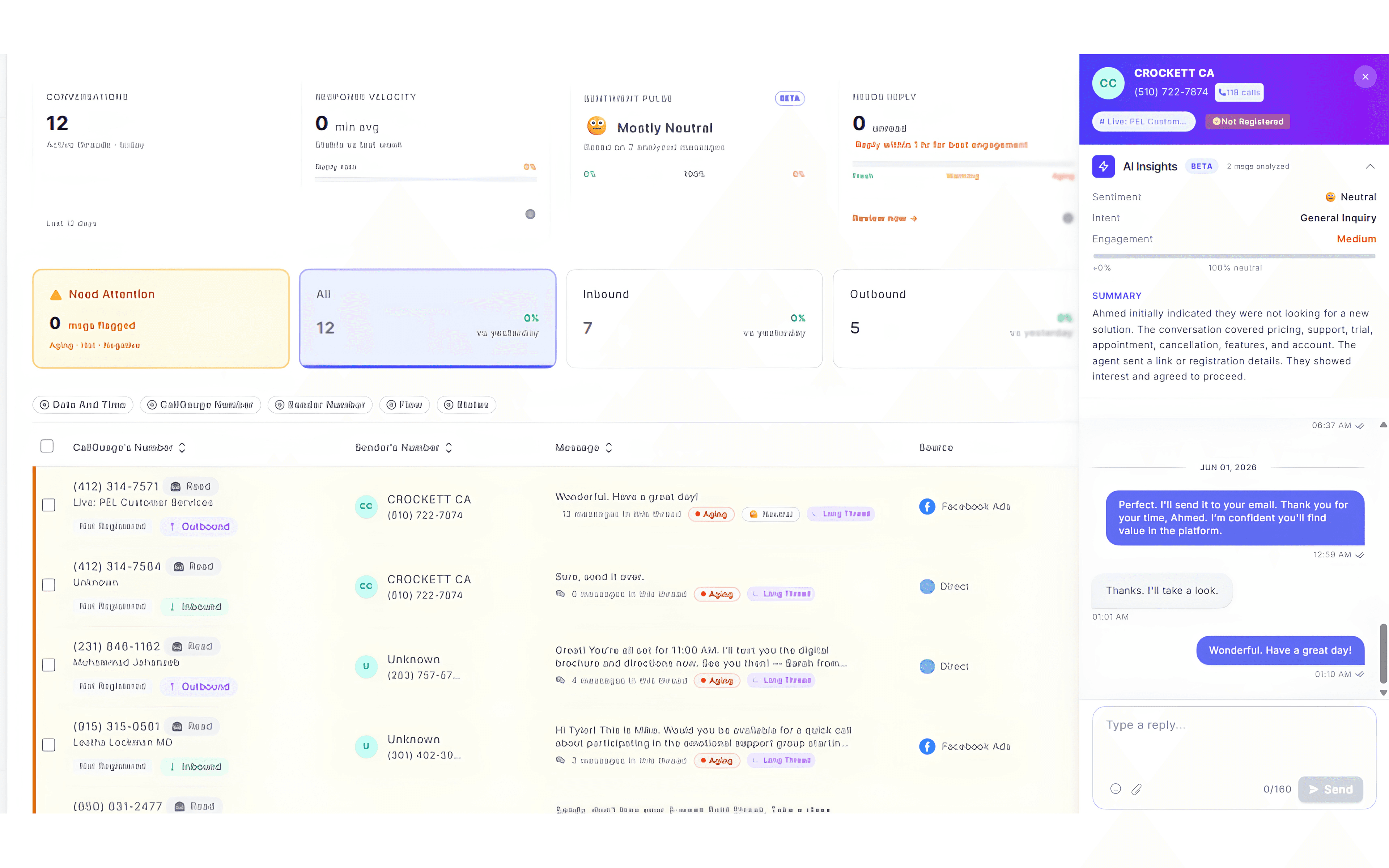 Agent and team performance dashboard showing call tracking analytics, total calls, average daily calls, peak call hours and conversion rate metrics
