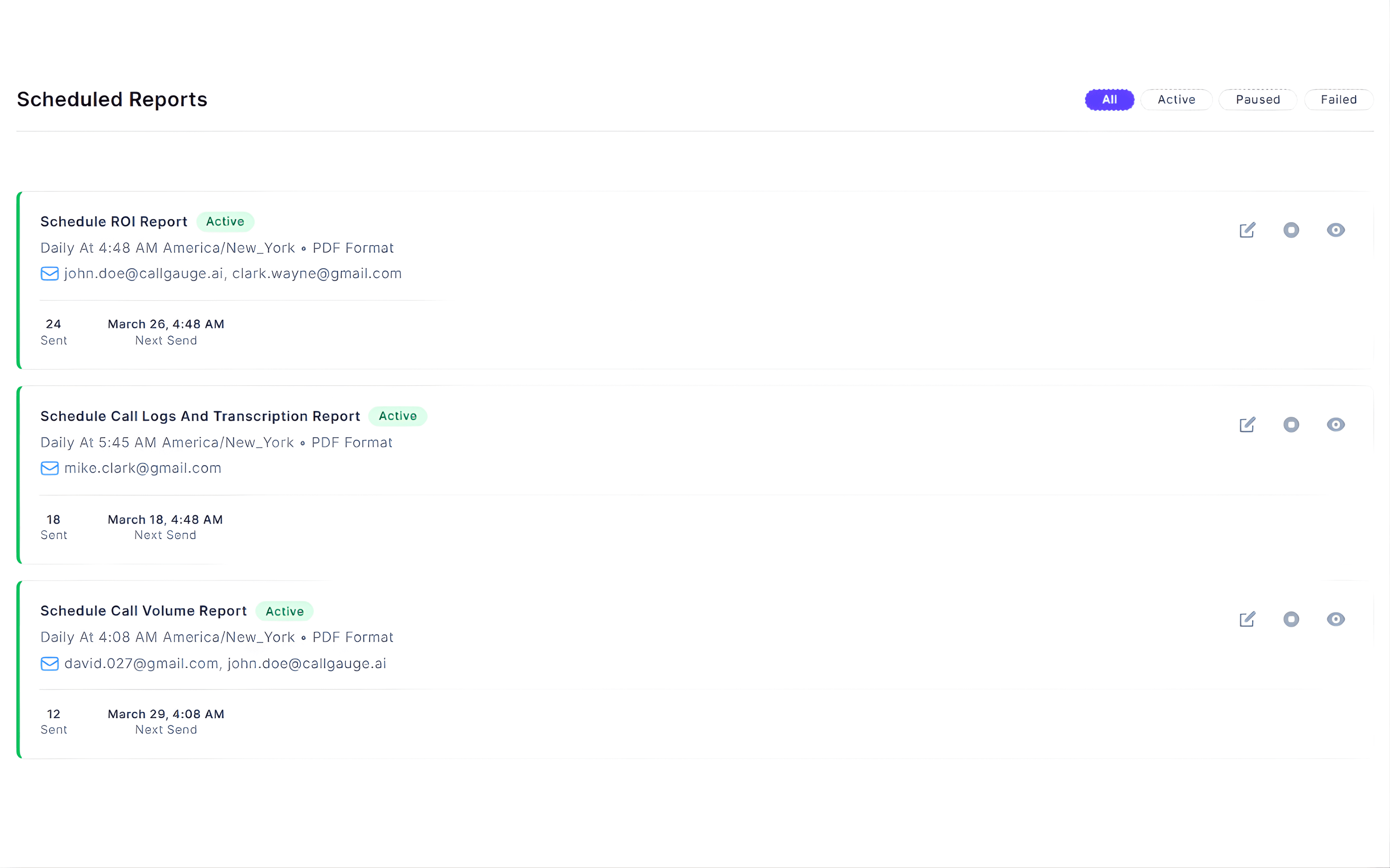 Scheduled call tracking analytics reports dashboard with automated email reporting