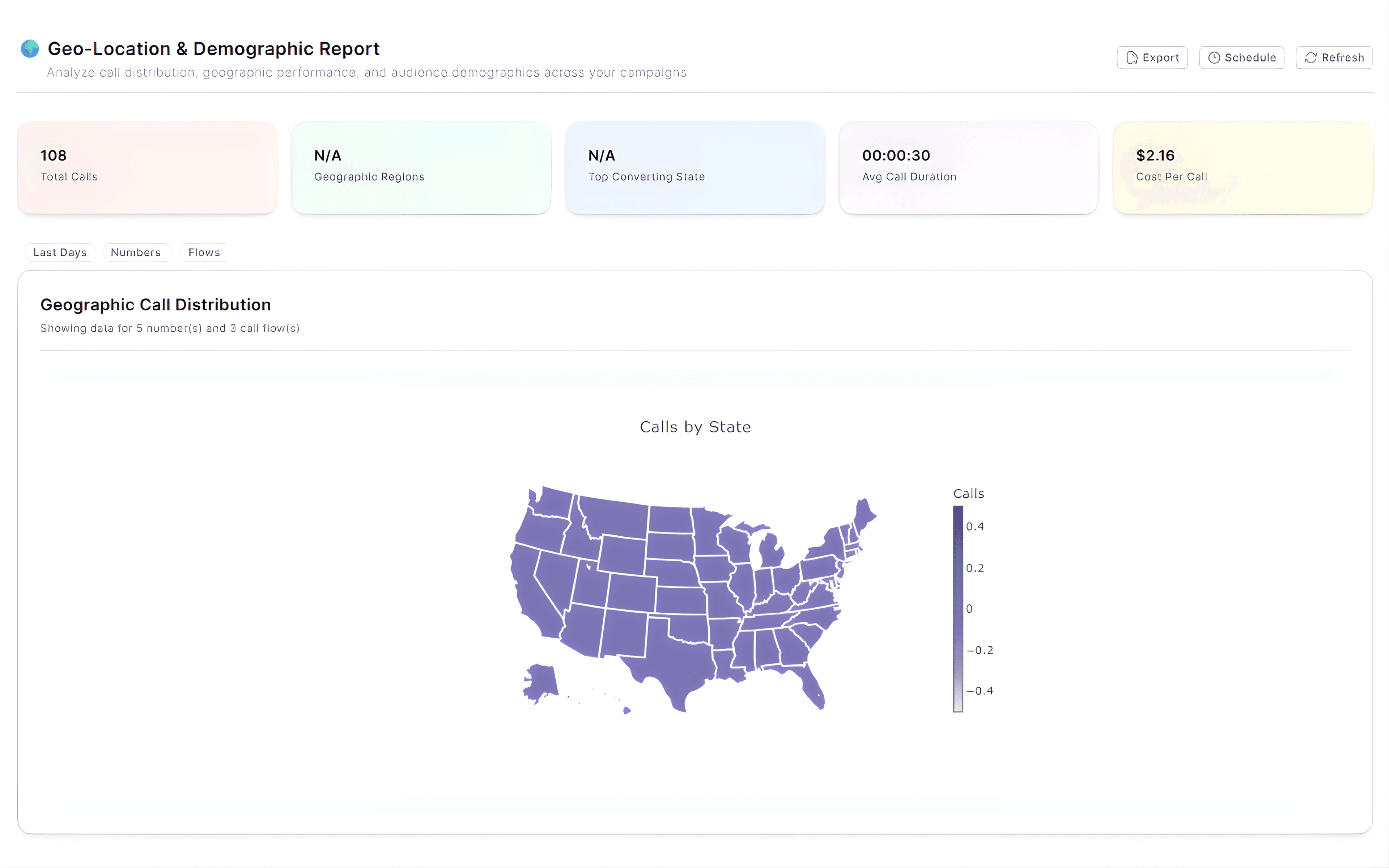 Geographic call distribution report showing call tracking analytics by state with demographic insights and cost per call metrics