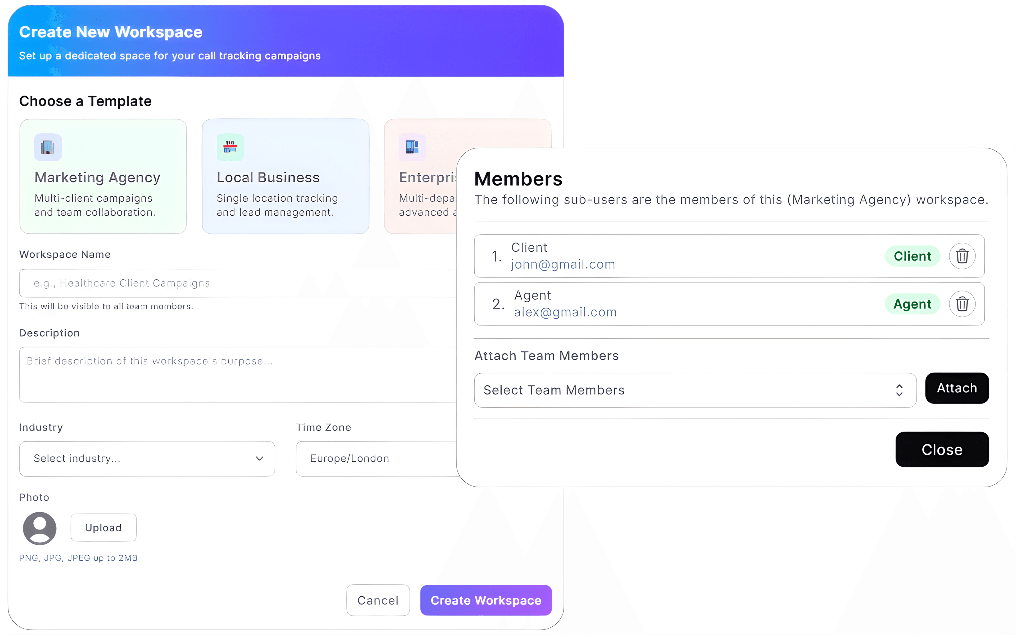 Interface for creating new CallGauge workspaces to organize client campaigns, assign dedicated team members, and separate call tracking data.