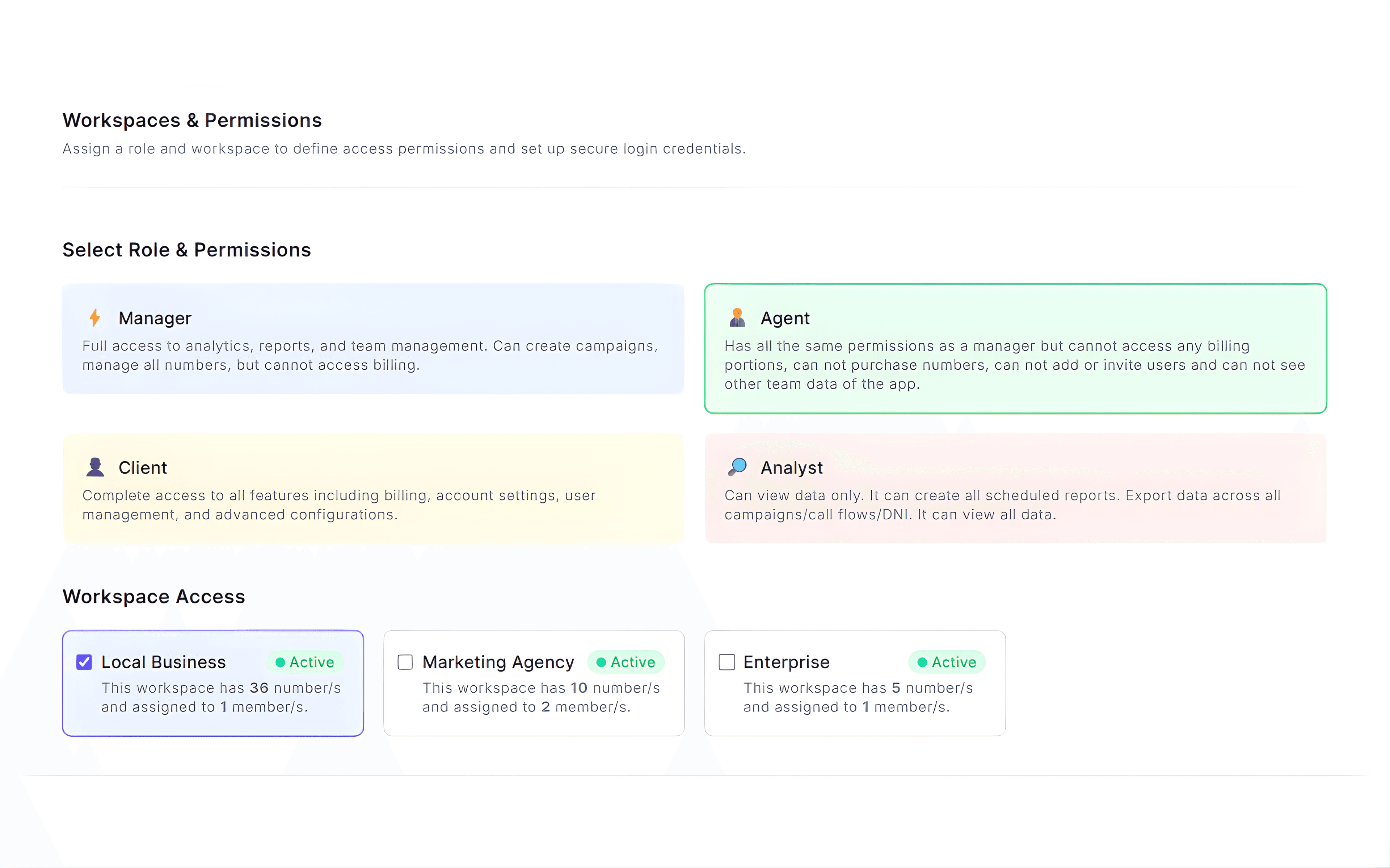 CallGauge team management dashboard for configuring role-based permissions, assigning members to specific client workspaces, and ensuring secure data separation.