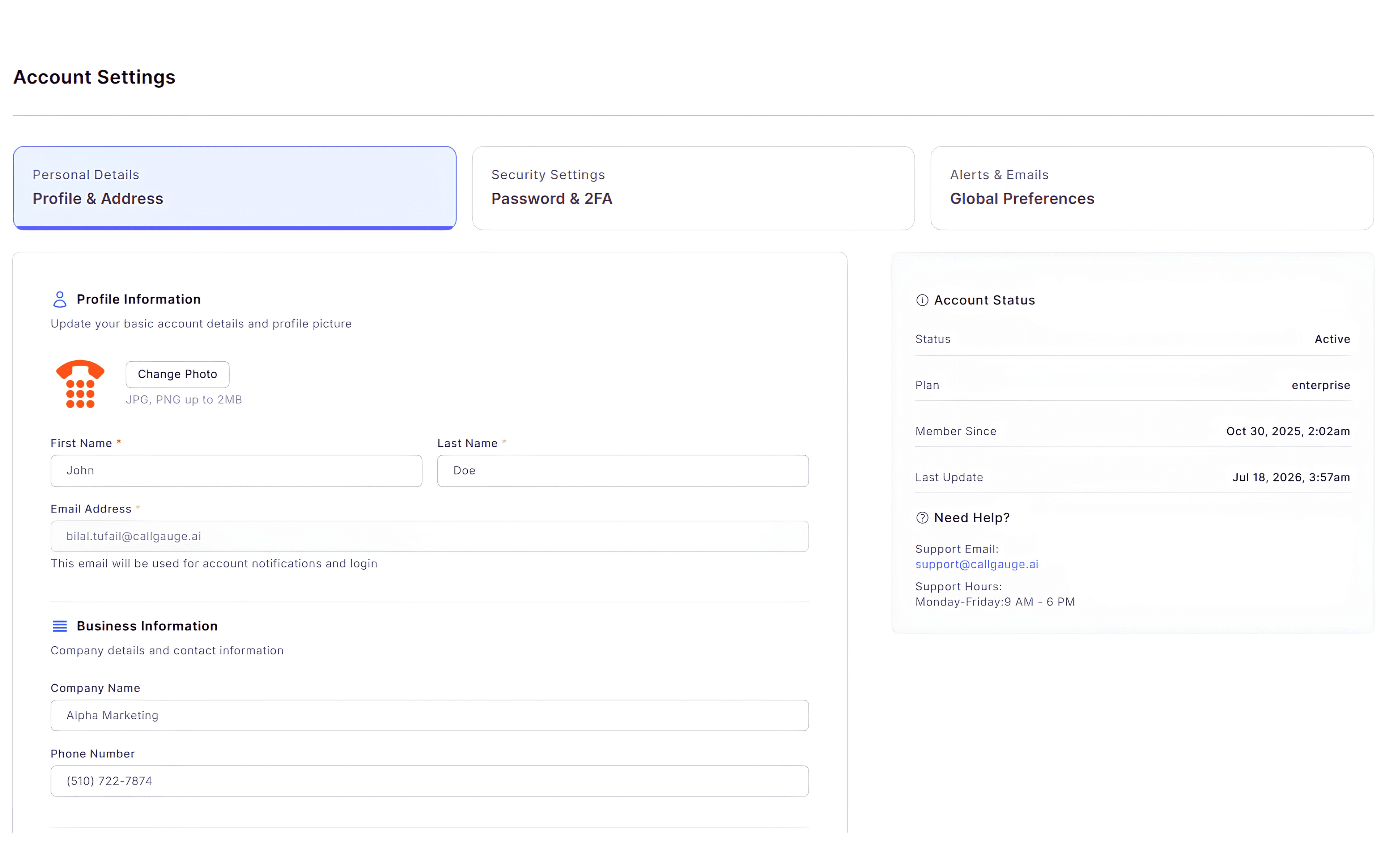 CallGauge AI Account Settings page showing profile information, business information, security settings and account preferences.