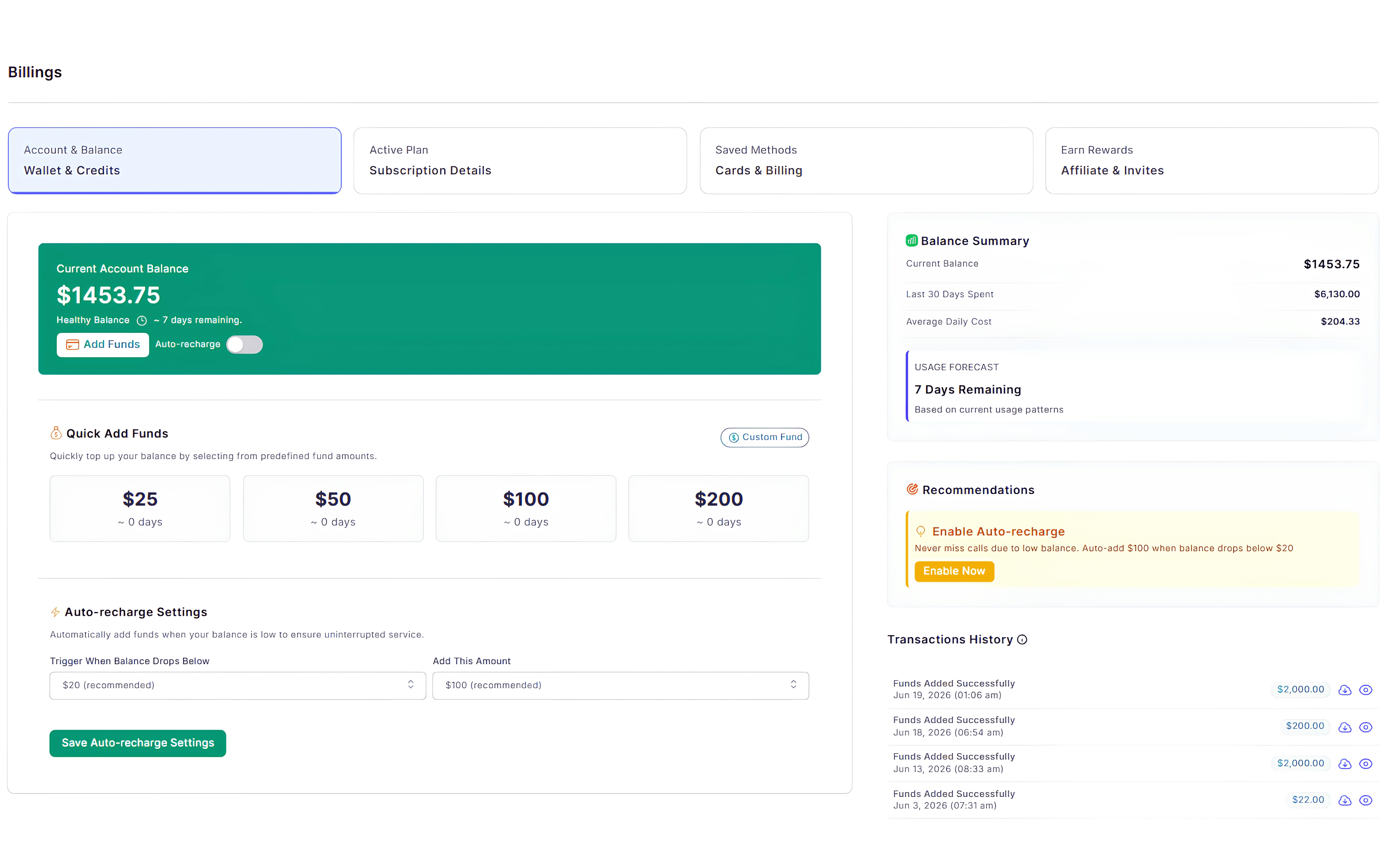 CallGauge AI Billing page showing wallet balance, auto-recharge settings, subscription information and transaction history.