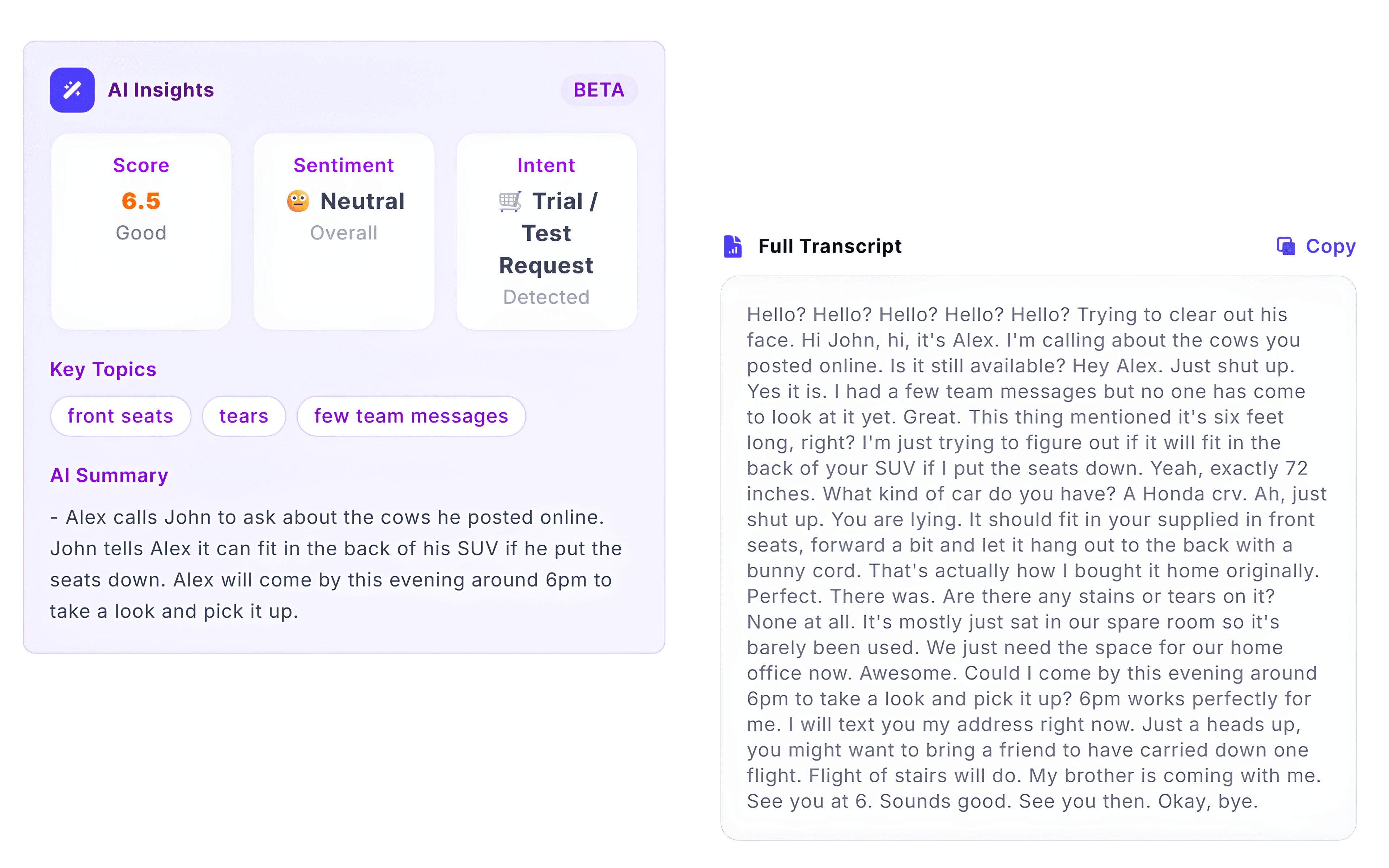 CallGauge AI Call Intelligence showing the AI call score, detected intent and sentiment for a recorded conversation.