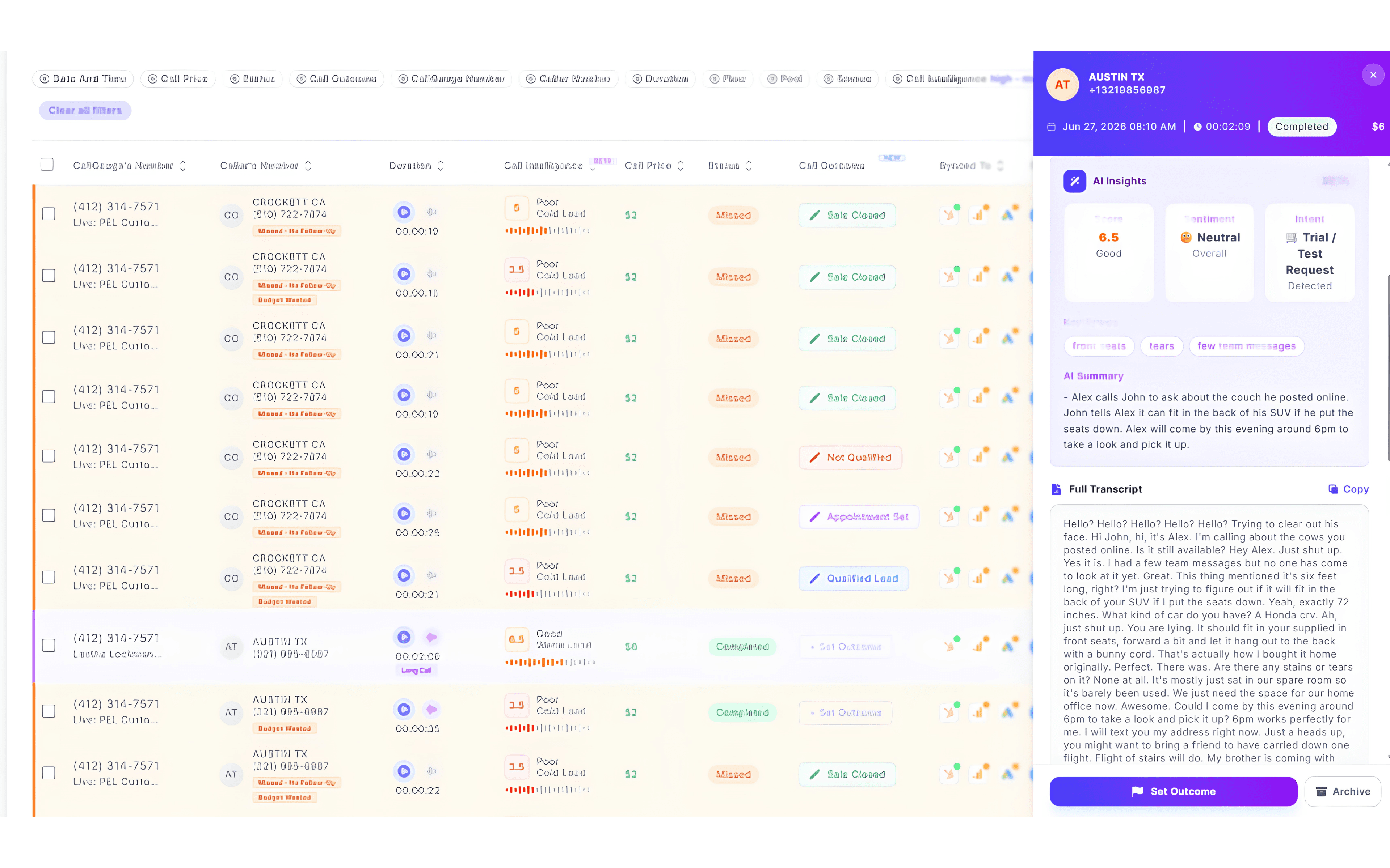 CallGauge AI Call Log with a selected call showing AI Summary, transcript, AI Call Intelligence and speaker-labelled conversation.