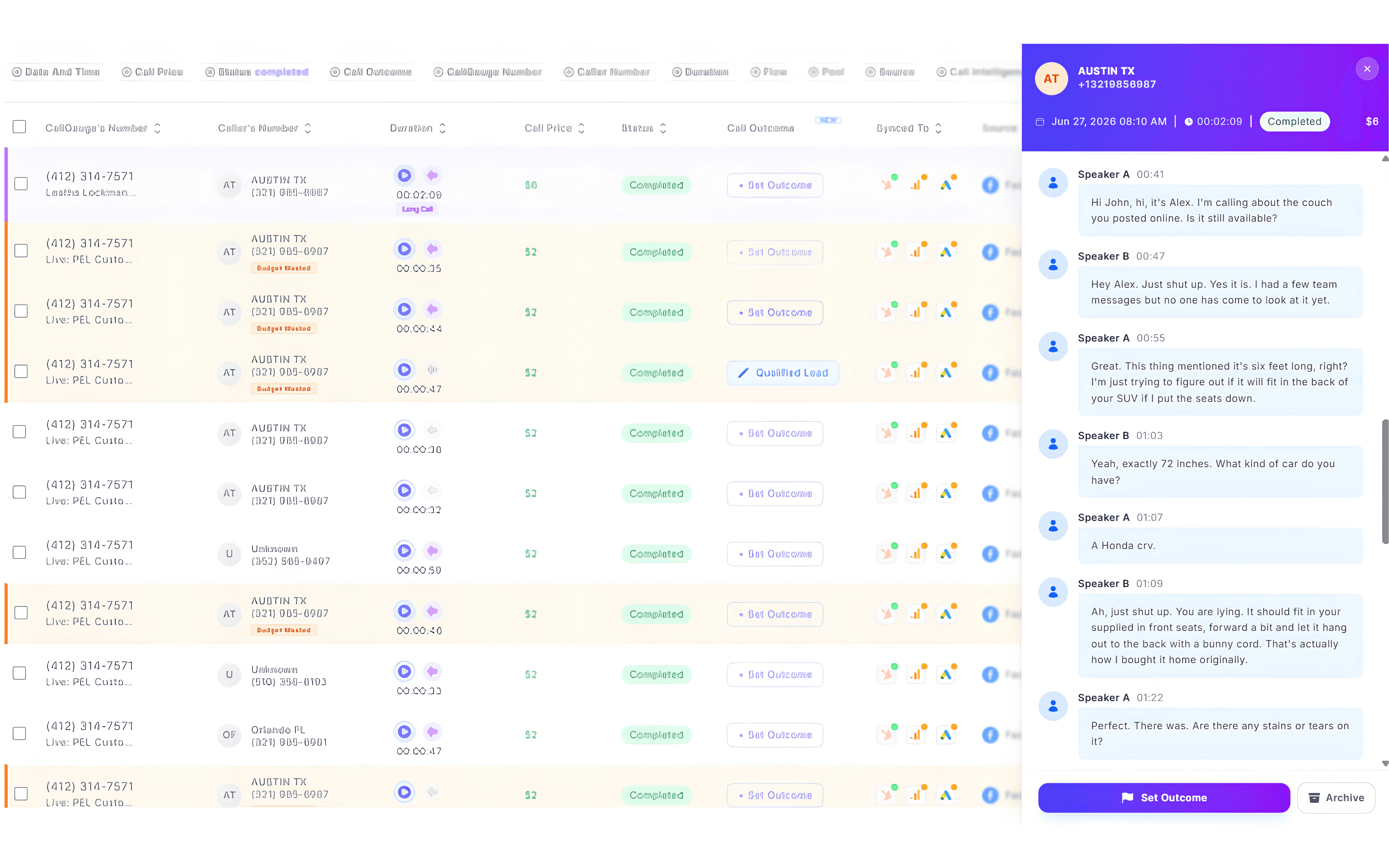 CallGauge AI transcript showing the full written call transcript and speaker-labelled conversation with timestamps.