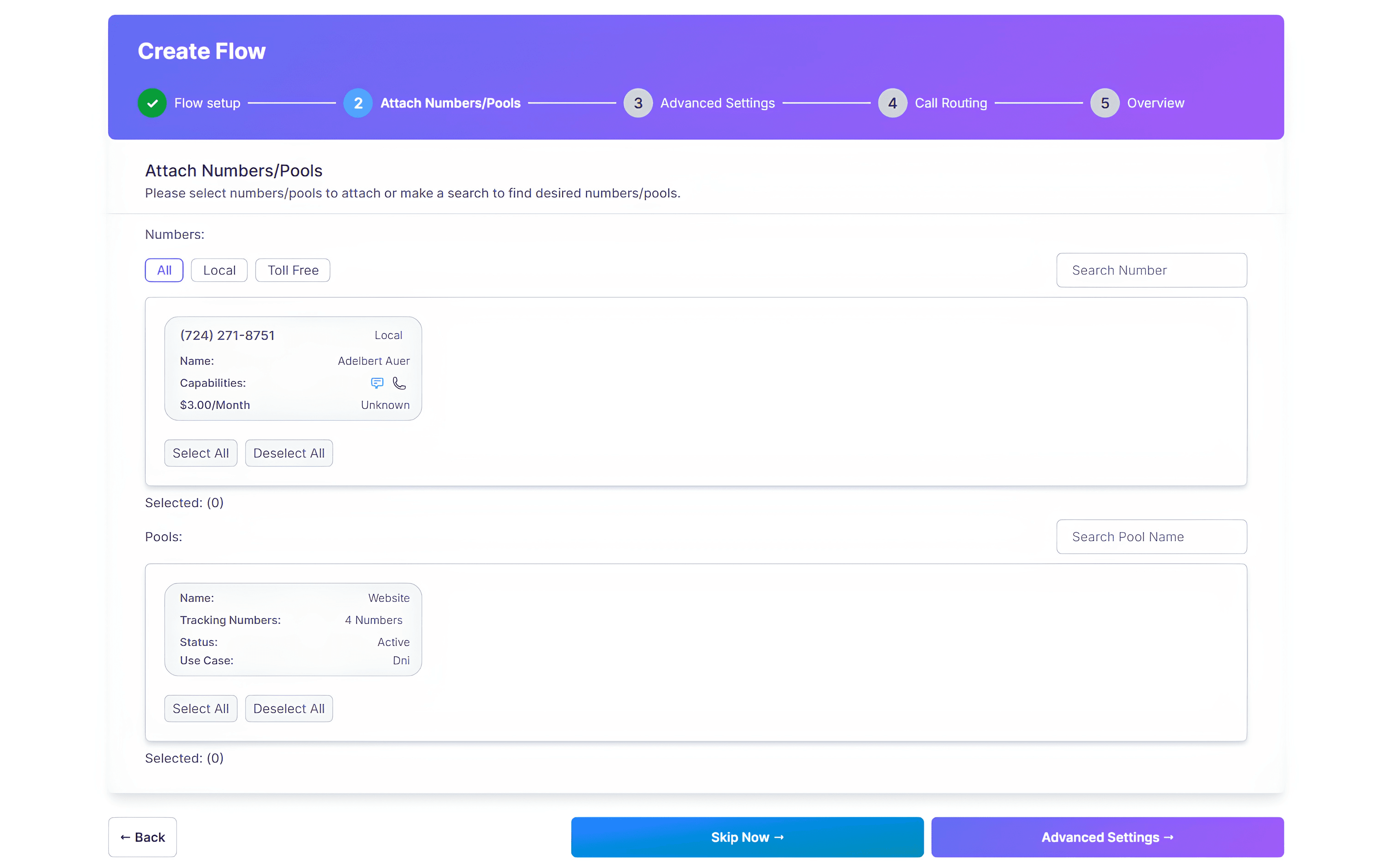 CallGauge AI screen for assigning a call flow to a tracking number or number pool.