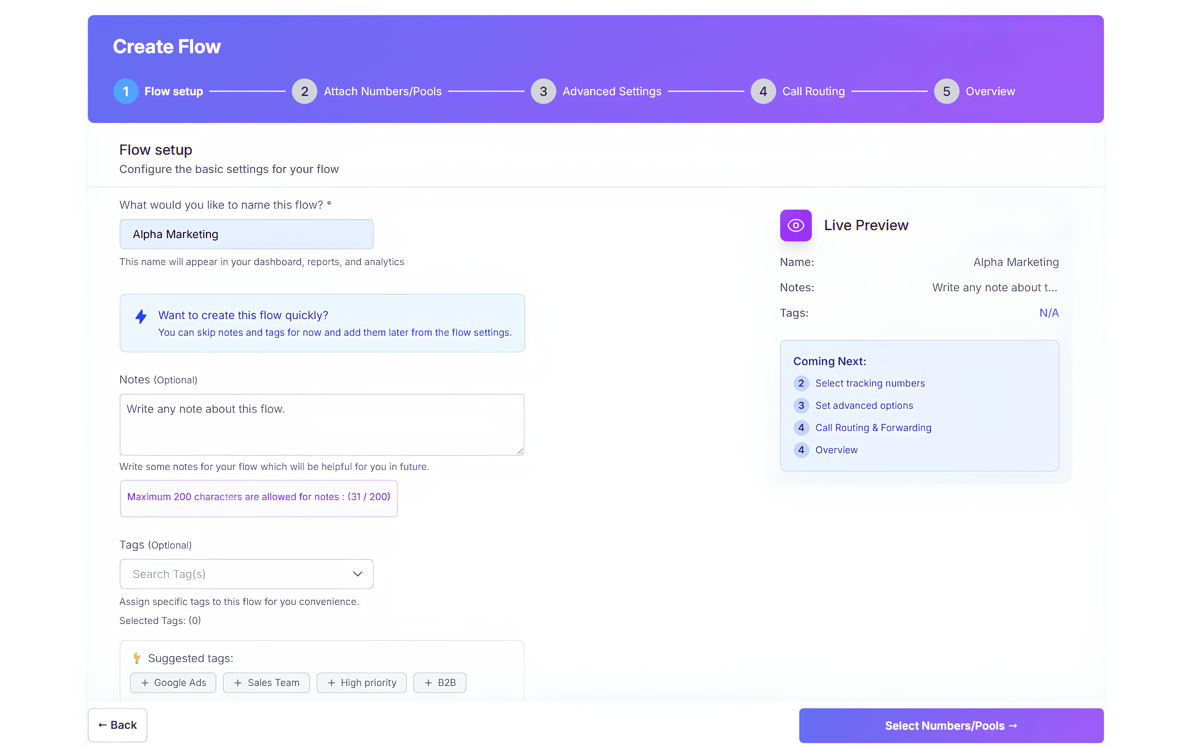 CallGauge AI call flow builder and number assignment screen.