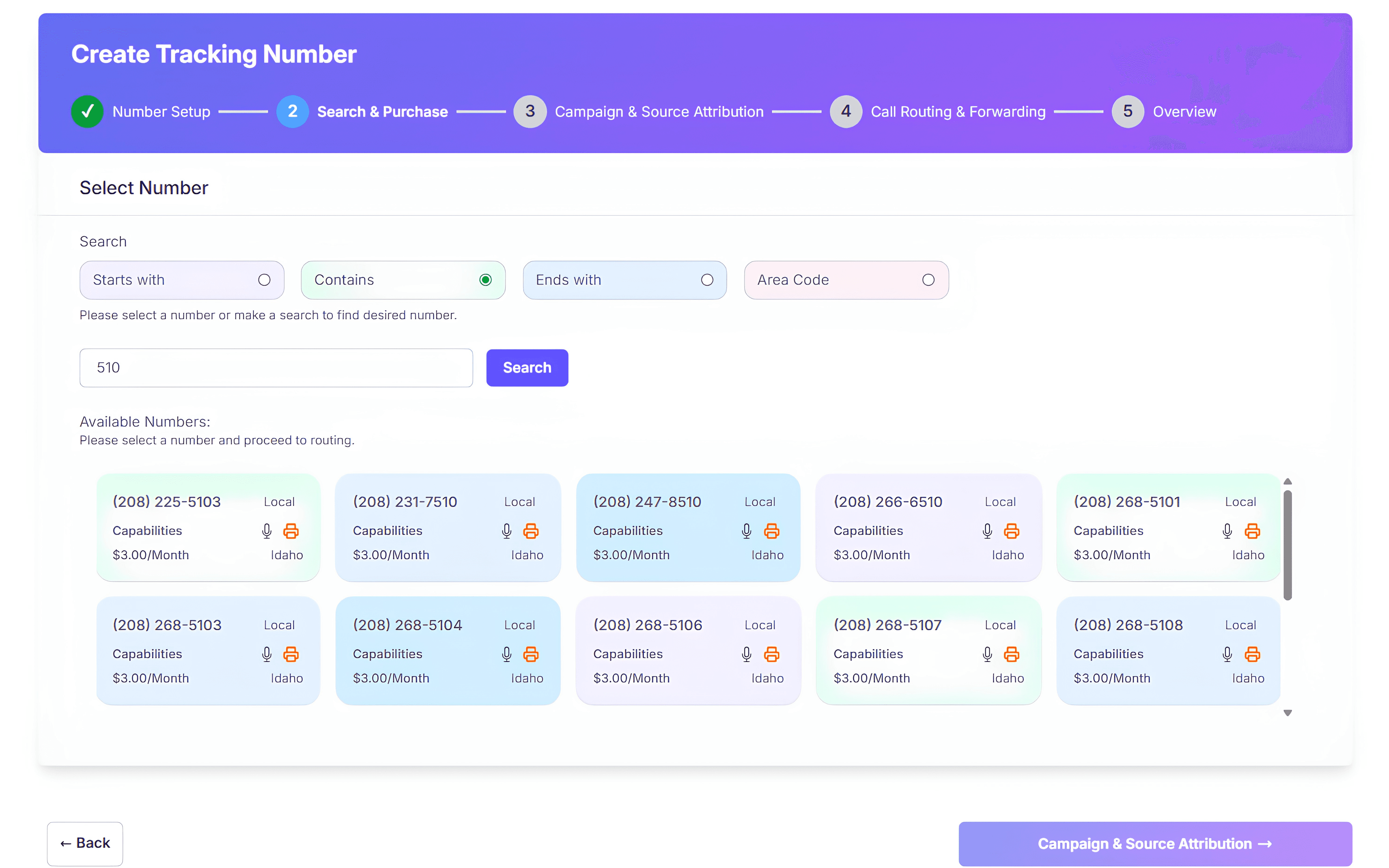 CallGauge AI number purchasing screen for selecting a tracking number or DNI number pool.