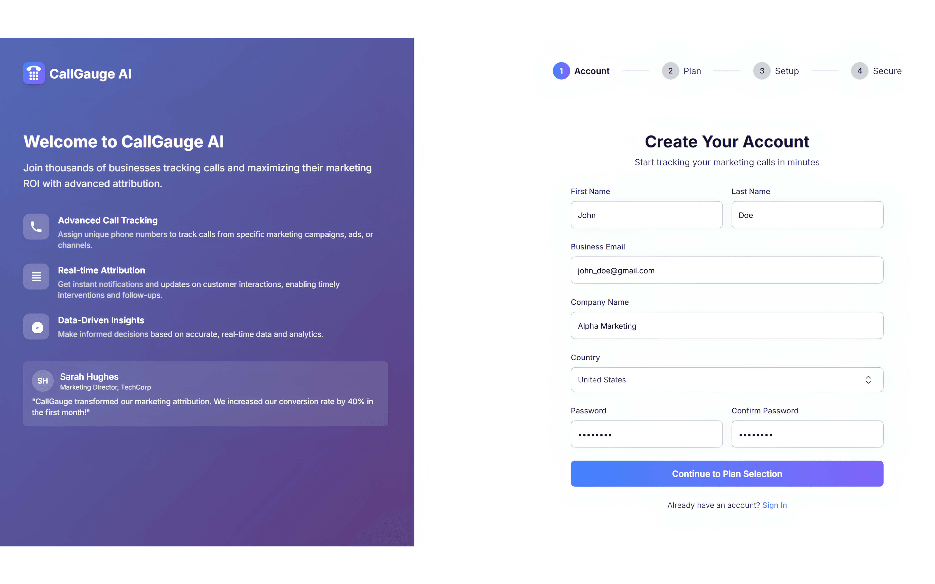 CallGauge AI registration screen where a user creates an account and initial workspace.