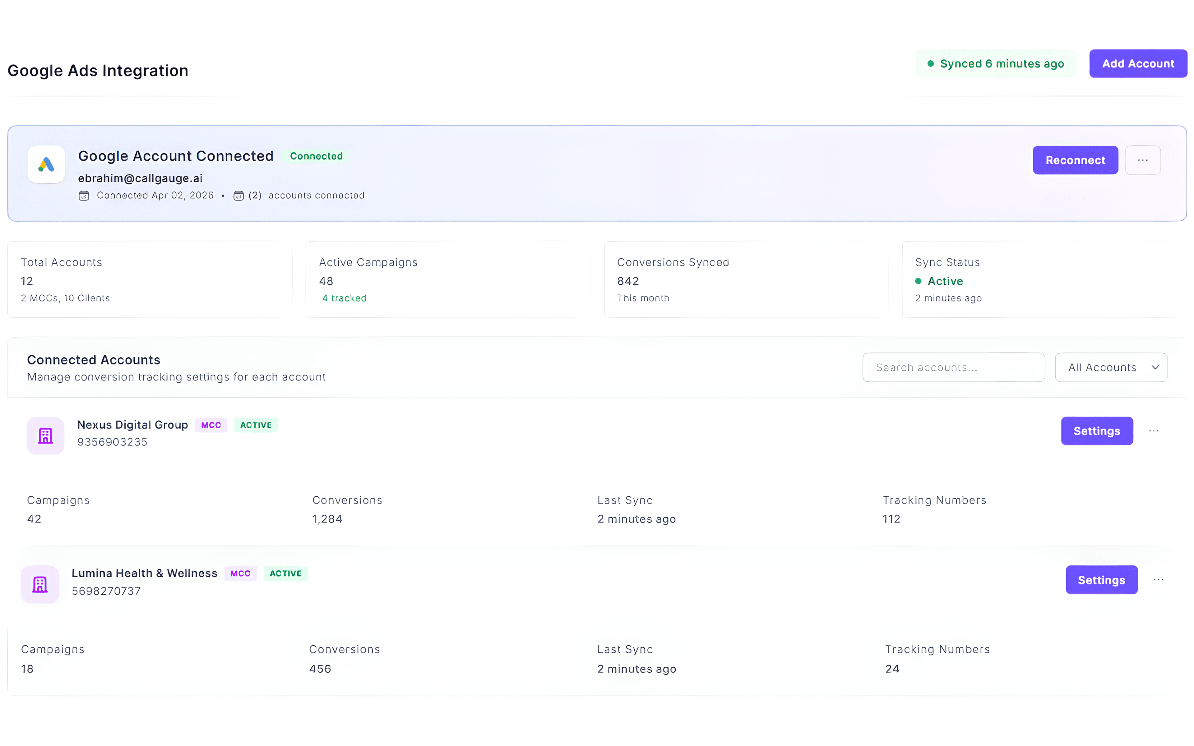 AI call tracking reporting dashboard showing call volume analytics, marketing attribution, ROI tracking, call logs, agent performance, and geographic insights