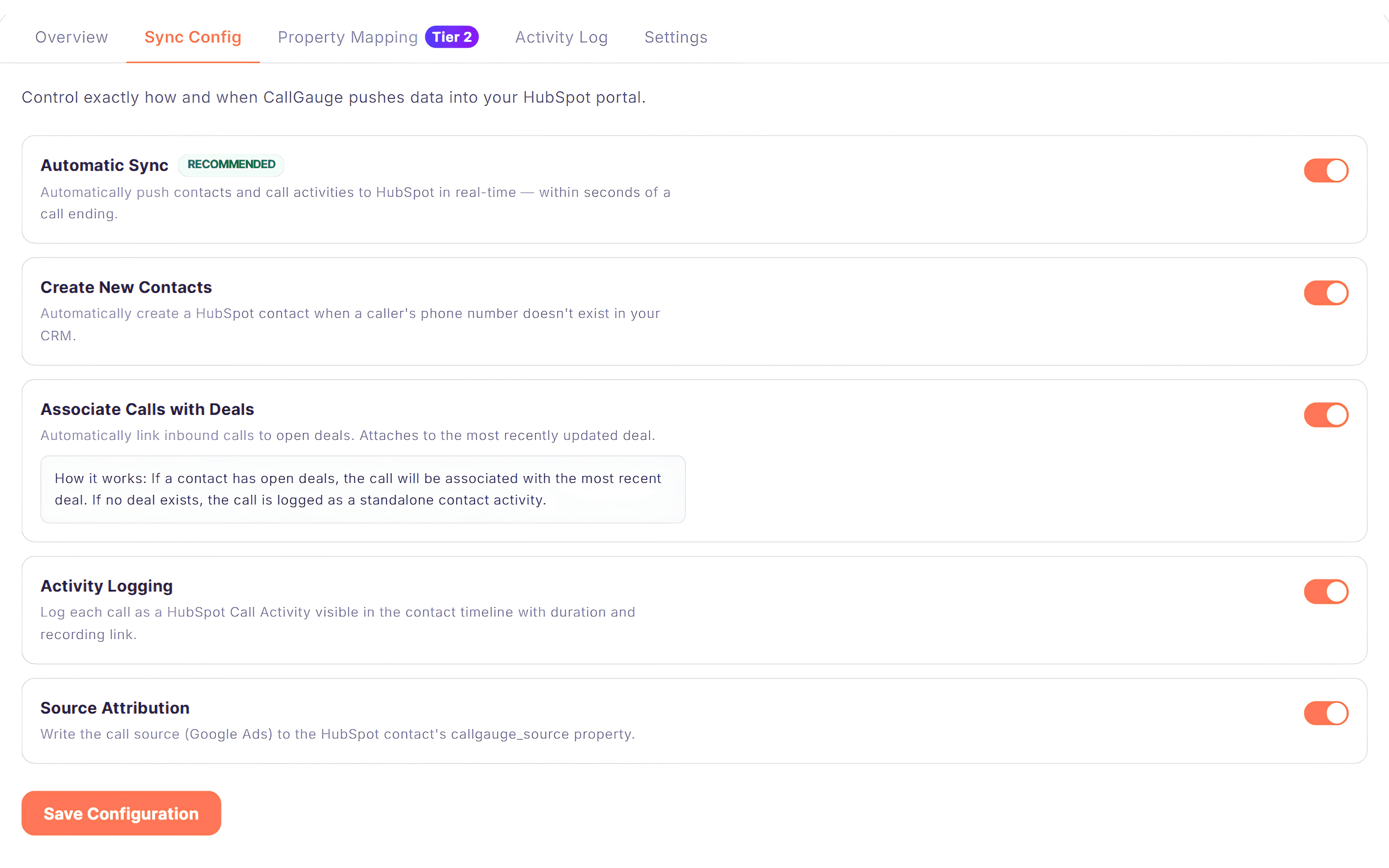 Configuration interface showing the automated sync process between CallGauge AI and HubSpot CRM for call activity and contact matching