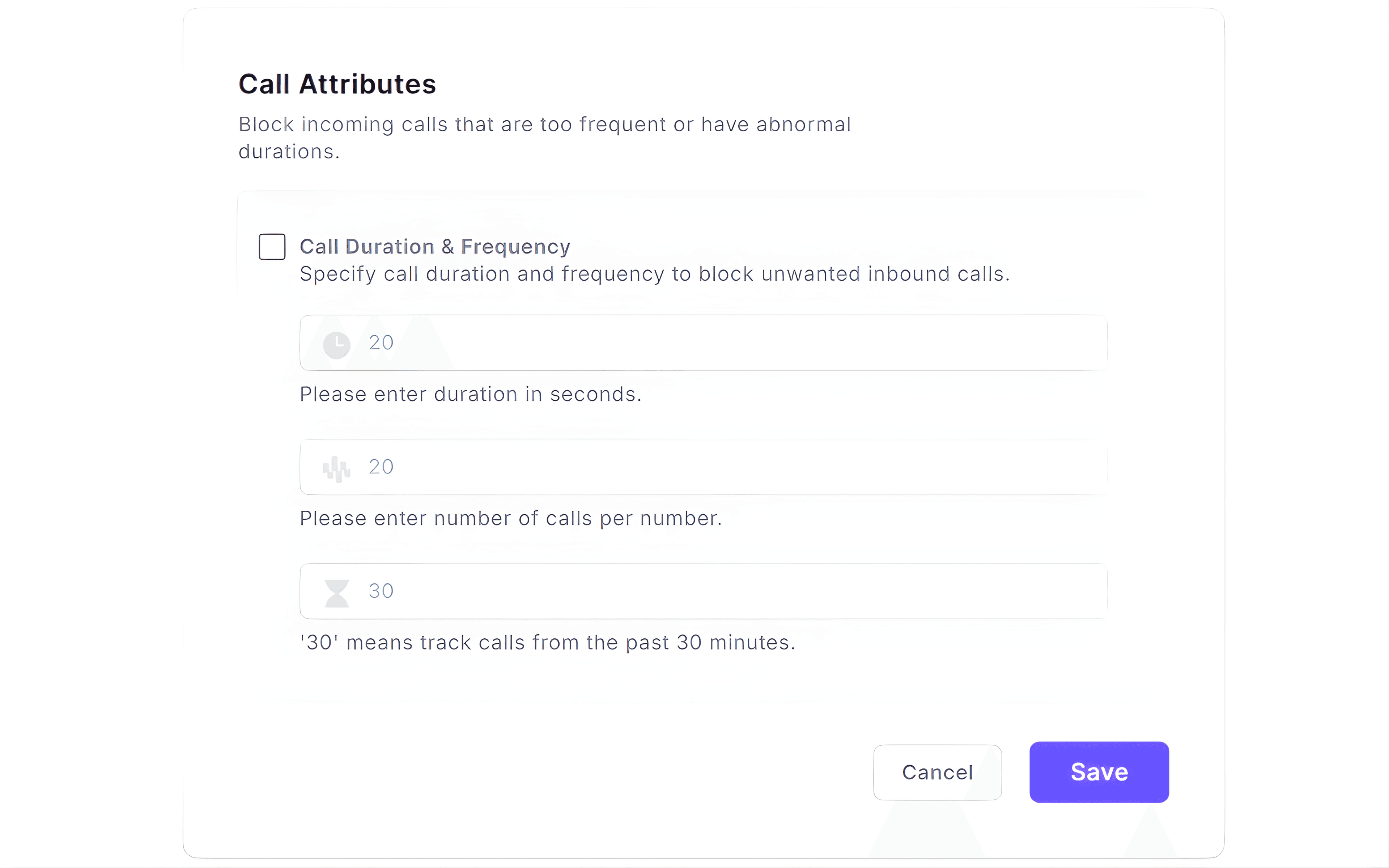 Call spam protection settings showing call duration and frequency rules to block suspicious inbound calls