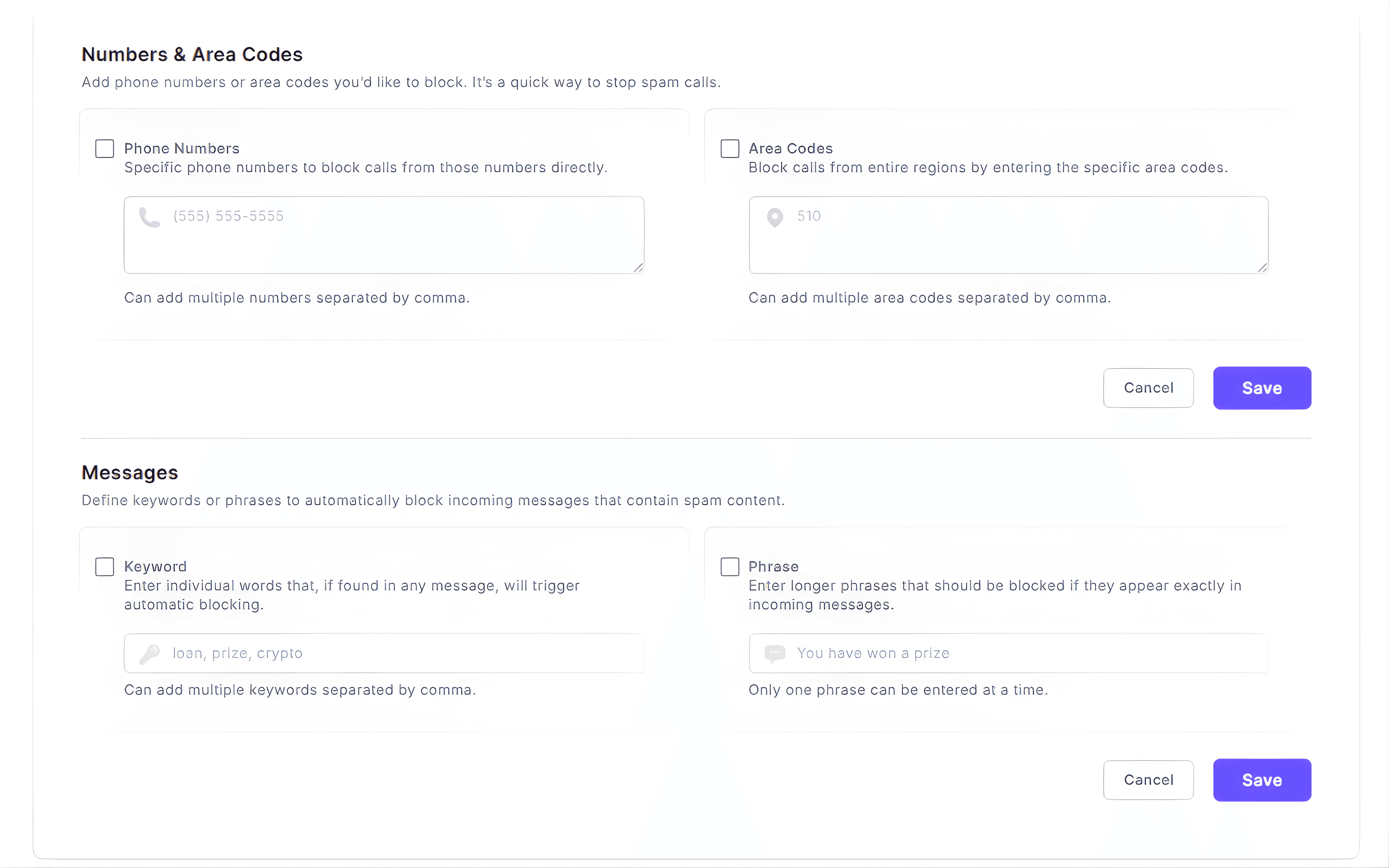 pam call blocking dashboard showing phone number blocking, area code filtering and keyword based spam message protection