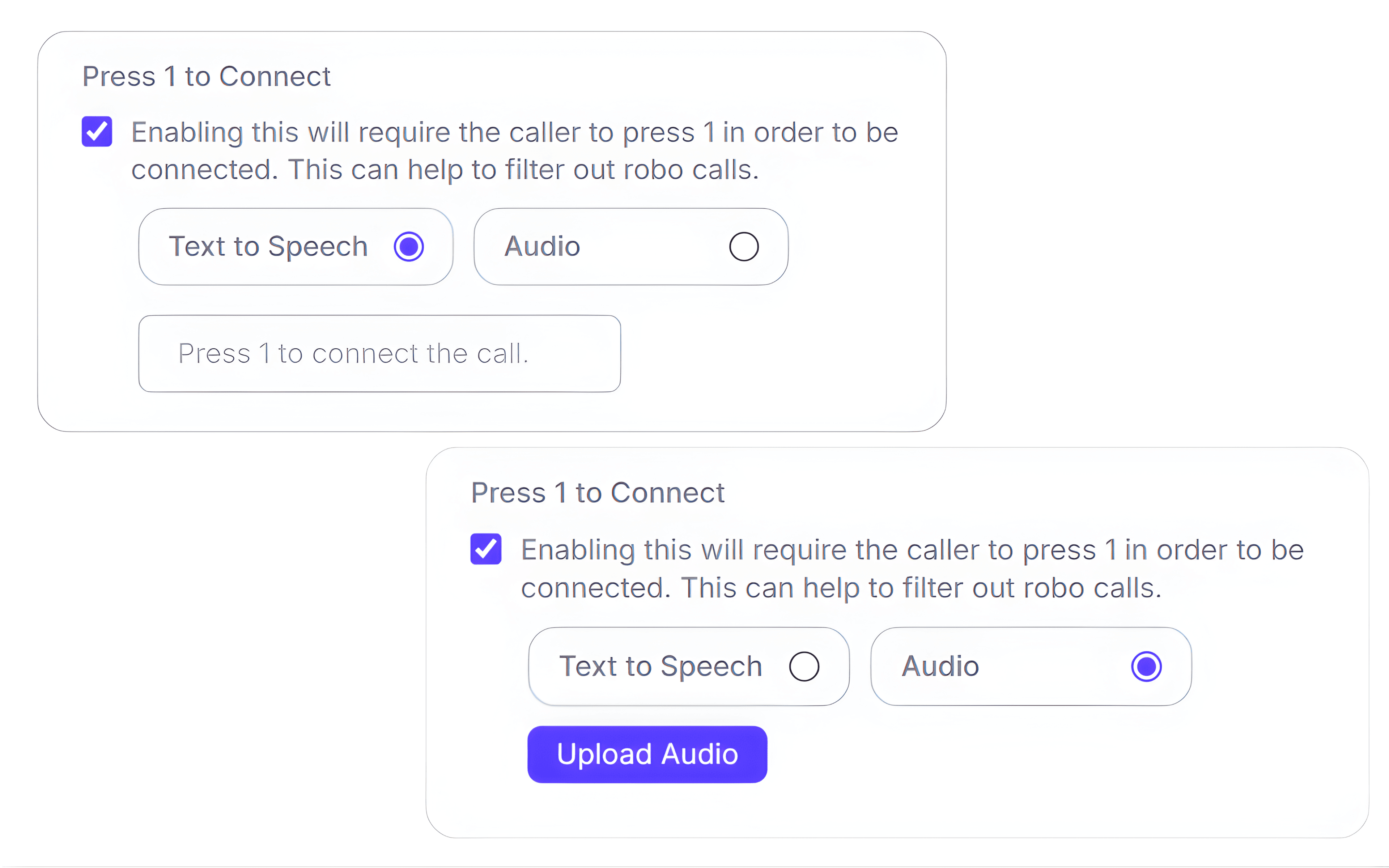 Press 1 to connect call screening feature showing robocall filtering with text to speech and audio prompt settings