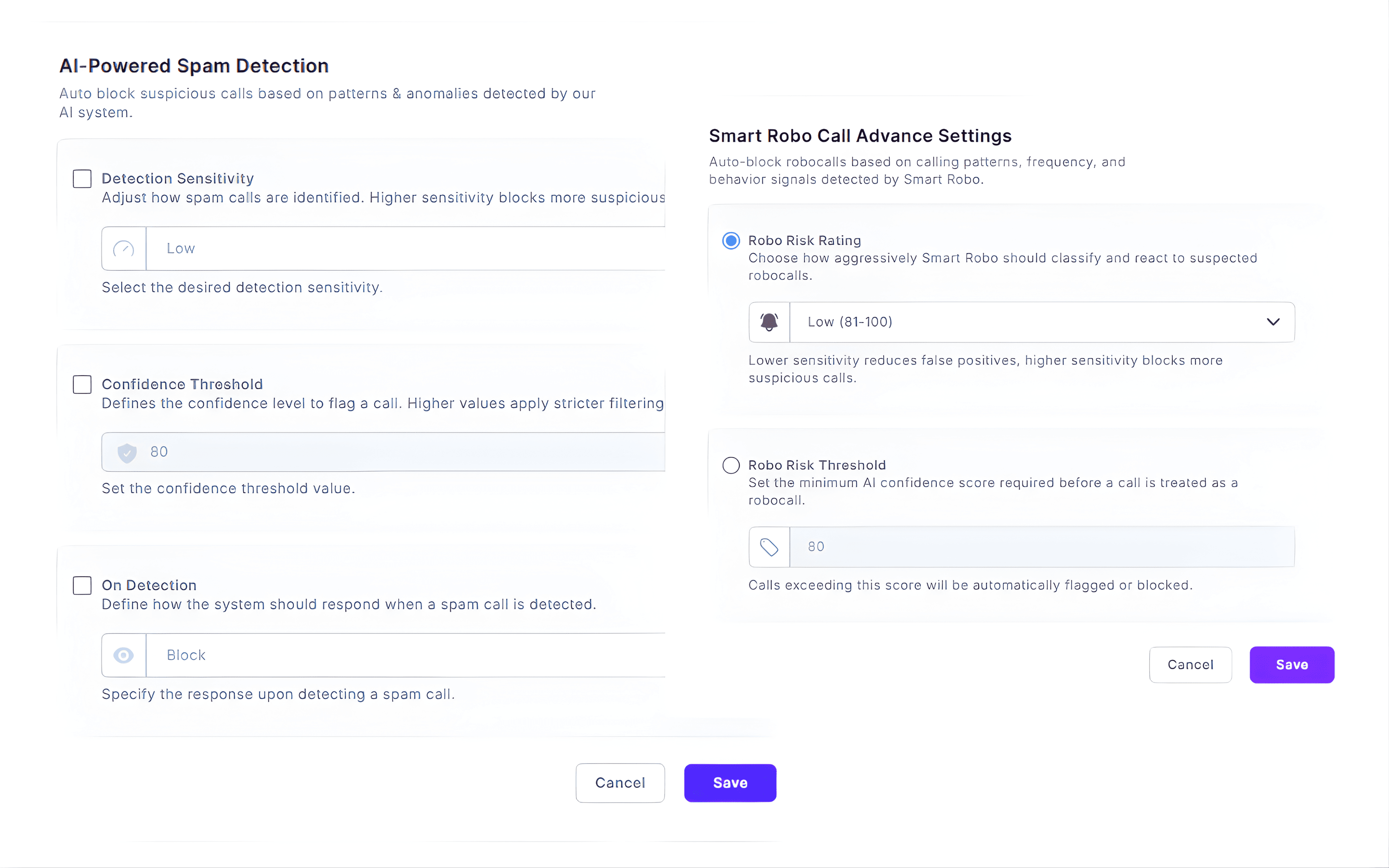 AI spam call detection dashboard with robocall blocking and spam filter settings