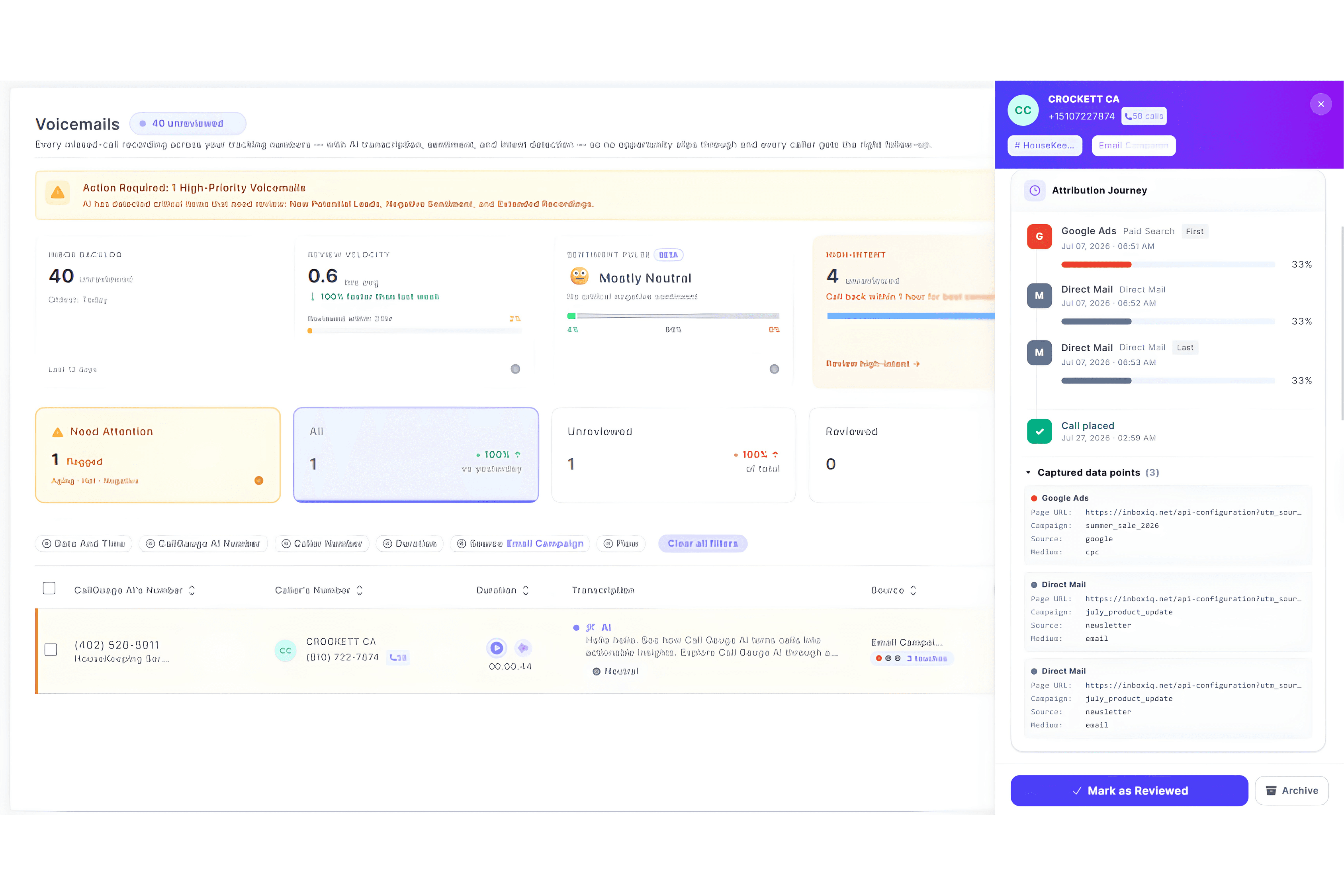 CallGauge AI voicemail dashboard showing voicemail recording, AI transcription, sentiment, intent, source attribution, and caller details