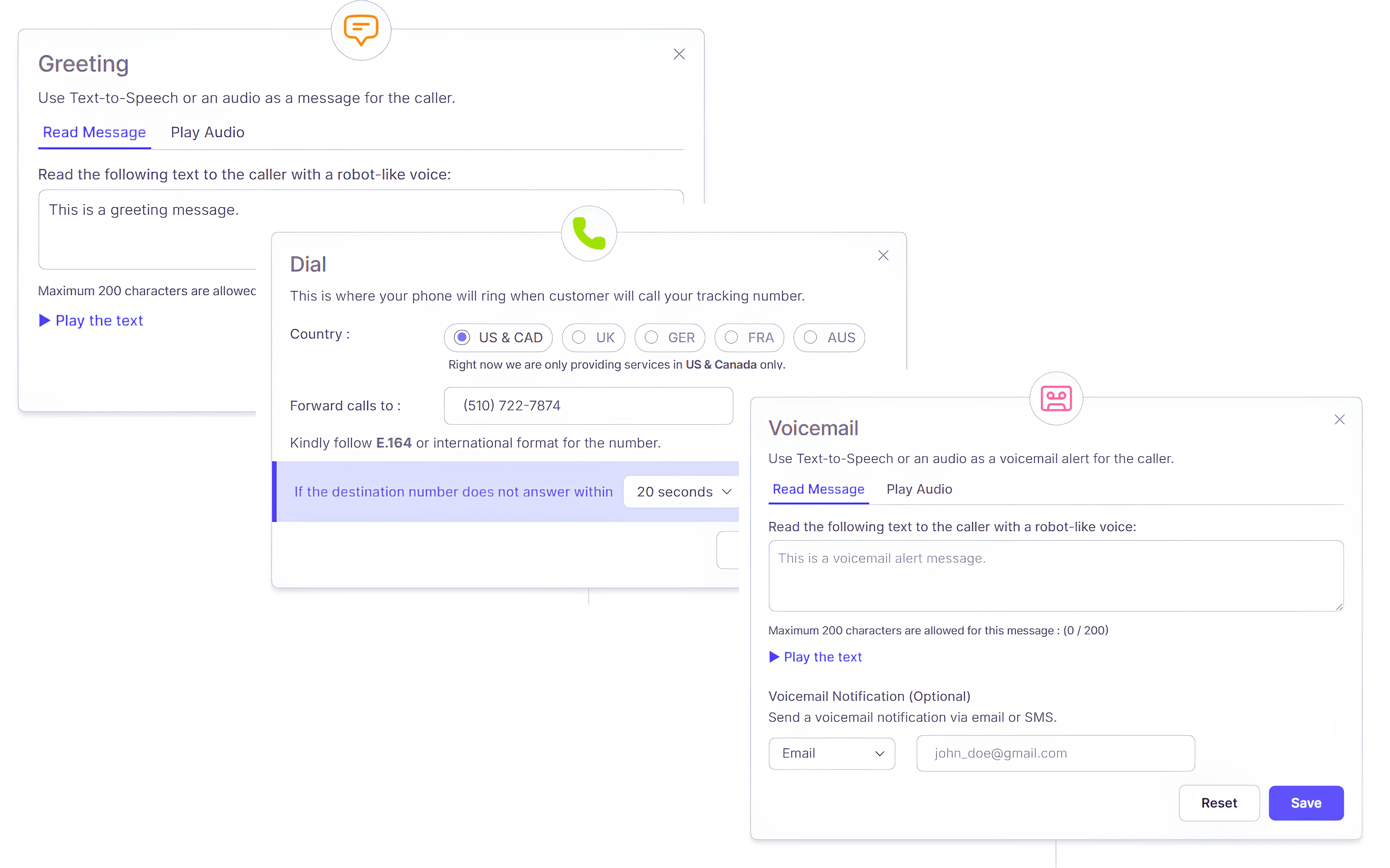CallGauge AI call experience settings for greetings, voicemail and caller routing options.