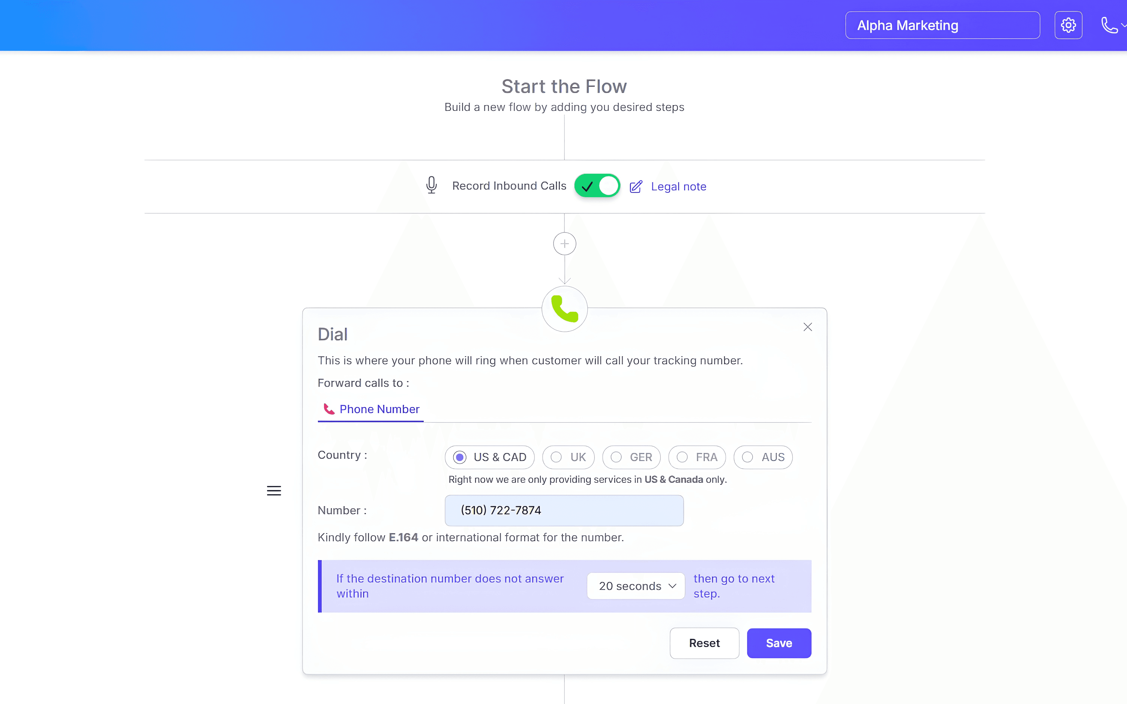 CallGauge AI destination number settings for forwarding incoming calls to a business or team.