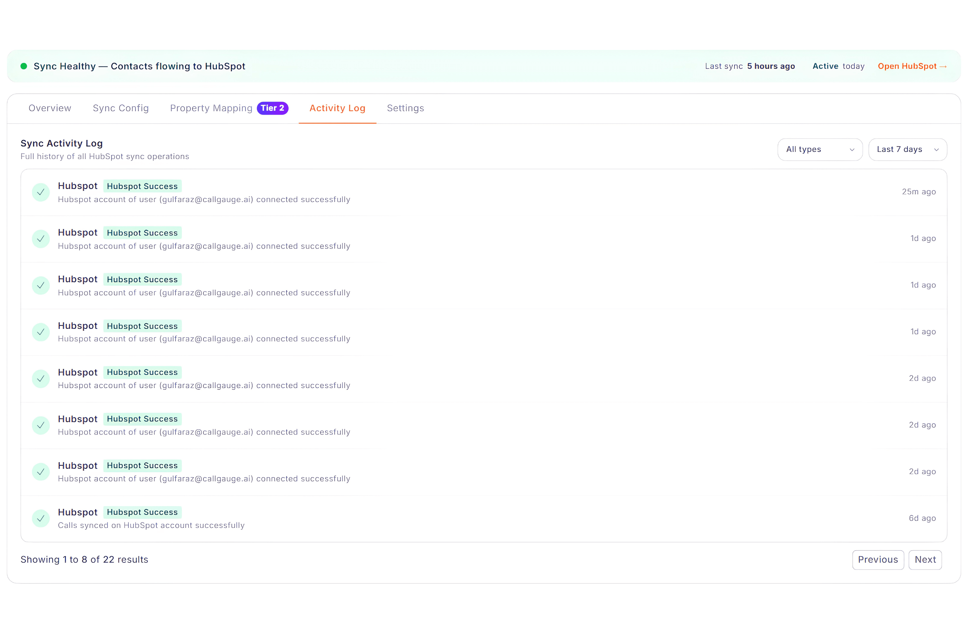 CallGauge AI HubSpot activity log showing synchronization events and status information.