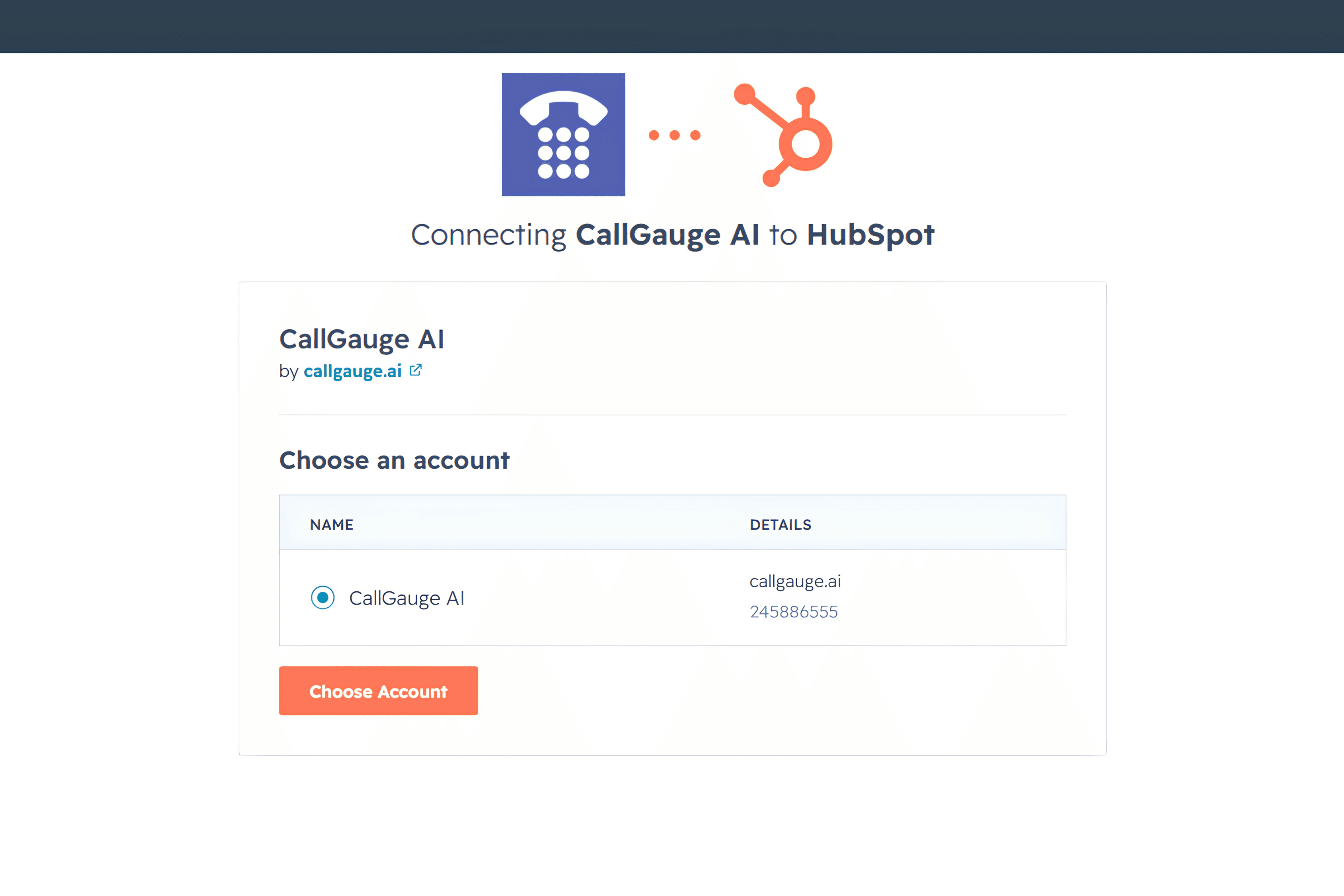 CallGauge AI HubSpot integration connection screen showing HubSpot account authorization.