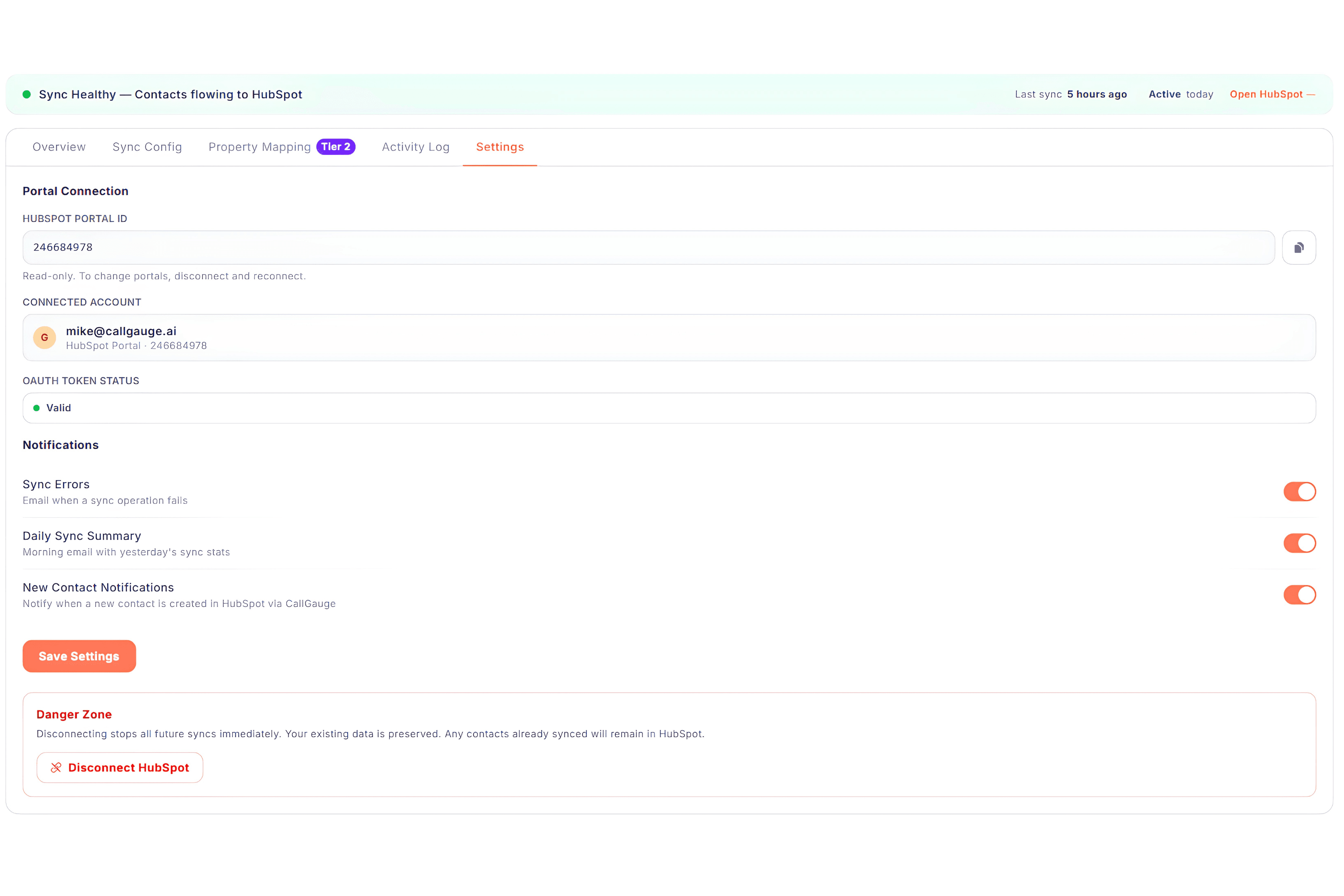 CallGauge AI HubSpot settings showing the connected portal and disconnect option.