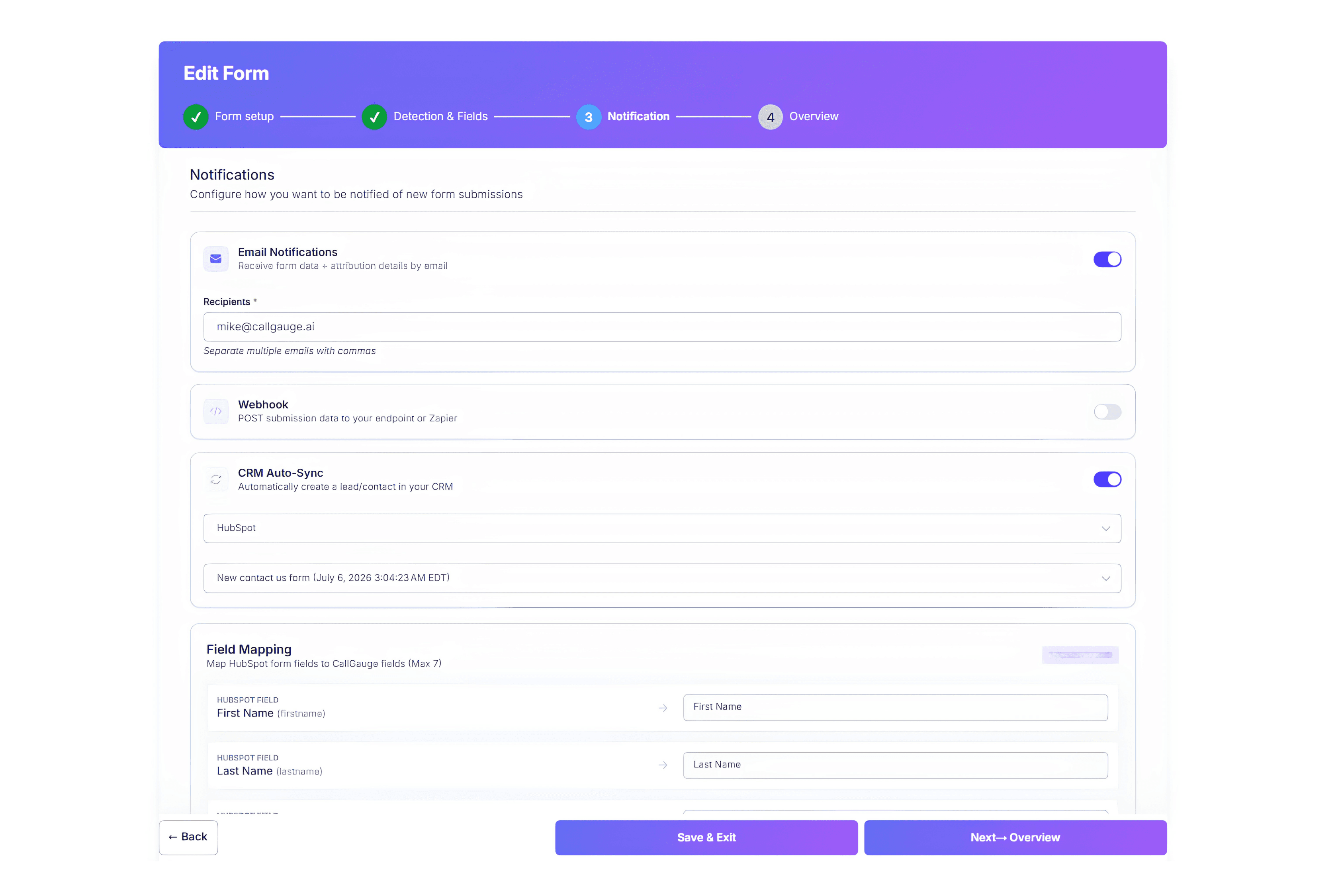 CallGauge AI HubSpot integration showing supported form submission synchronization settings.