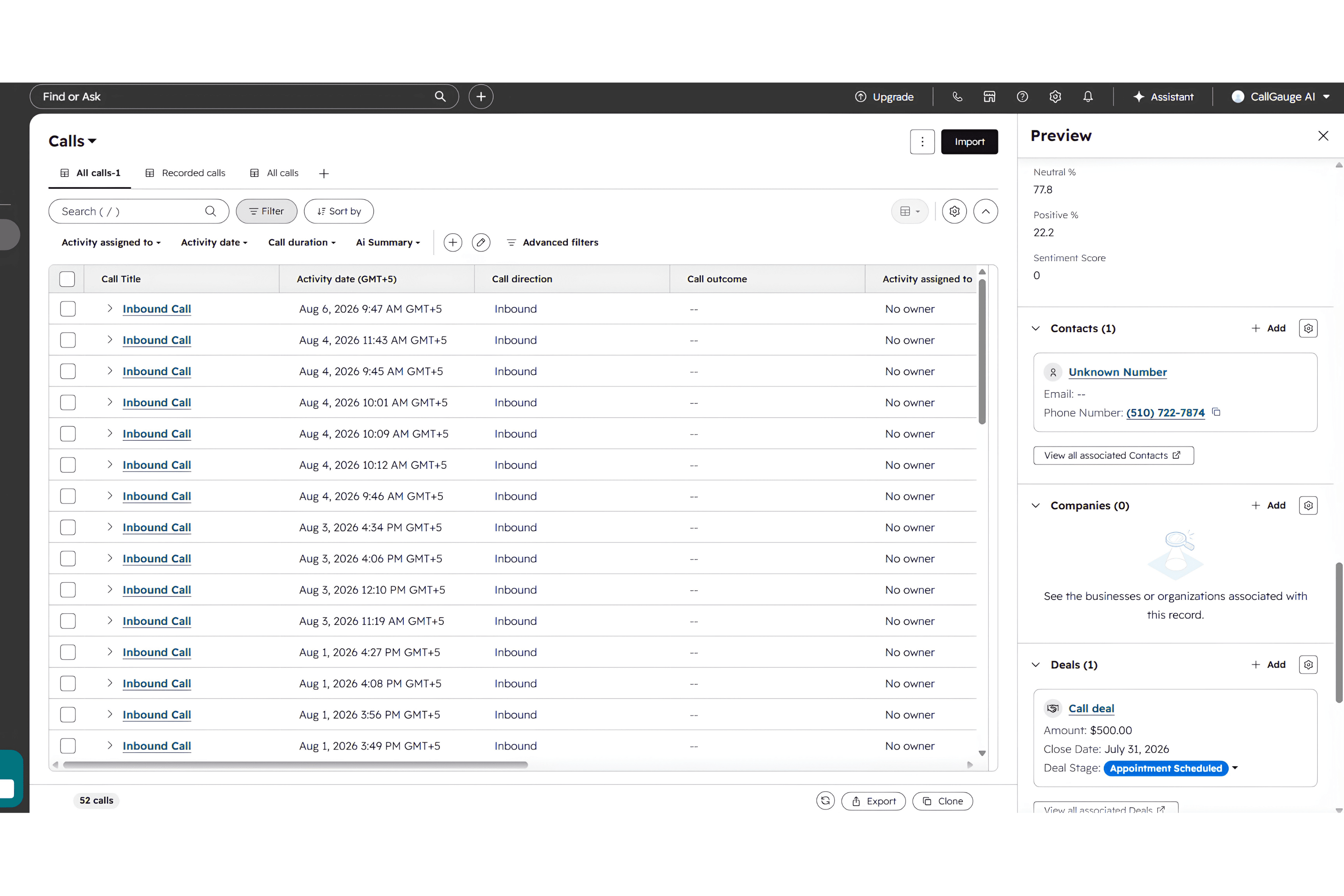 HubSpot CRM showing CallGauge AI call activity synchronized with a contact and associated CRM data.