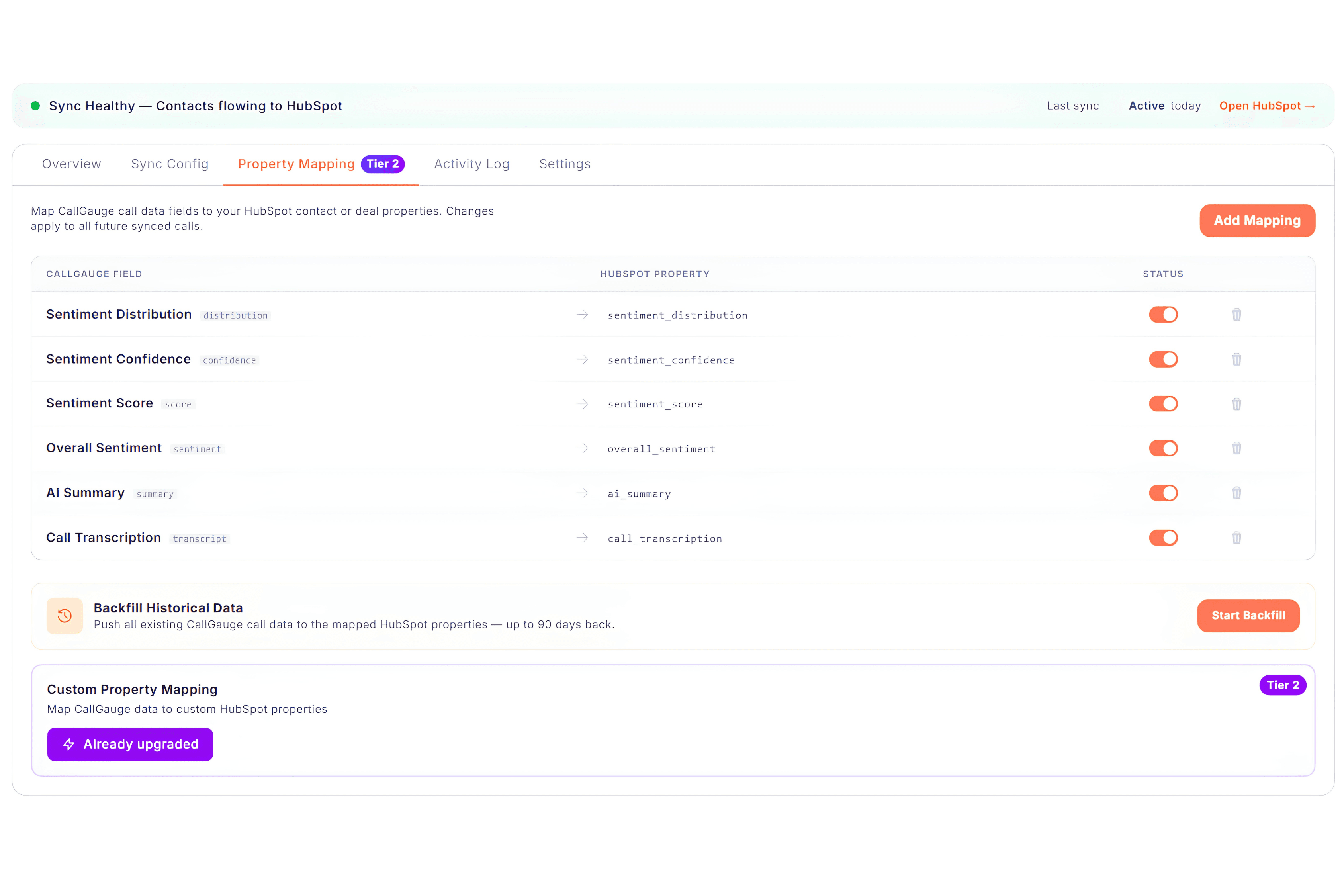 CallGauge AI property mapping for AI summaries, transcripts and sentiment data in HubSpot.
