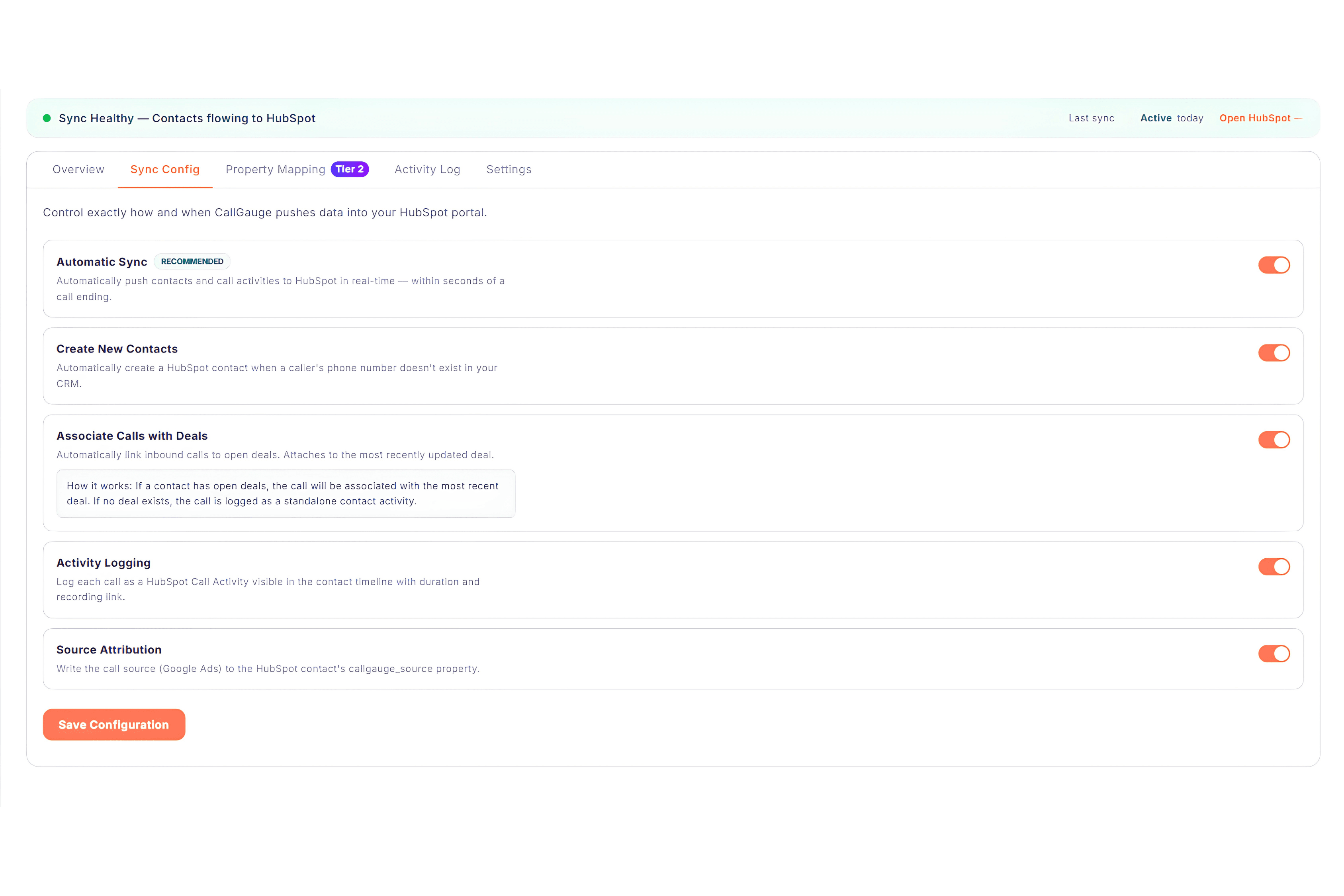 CallGauge AI HubSpot sync settings for contacts, call activities, deals and source attribution.