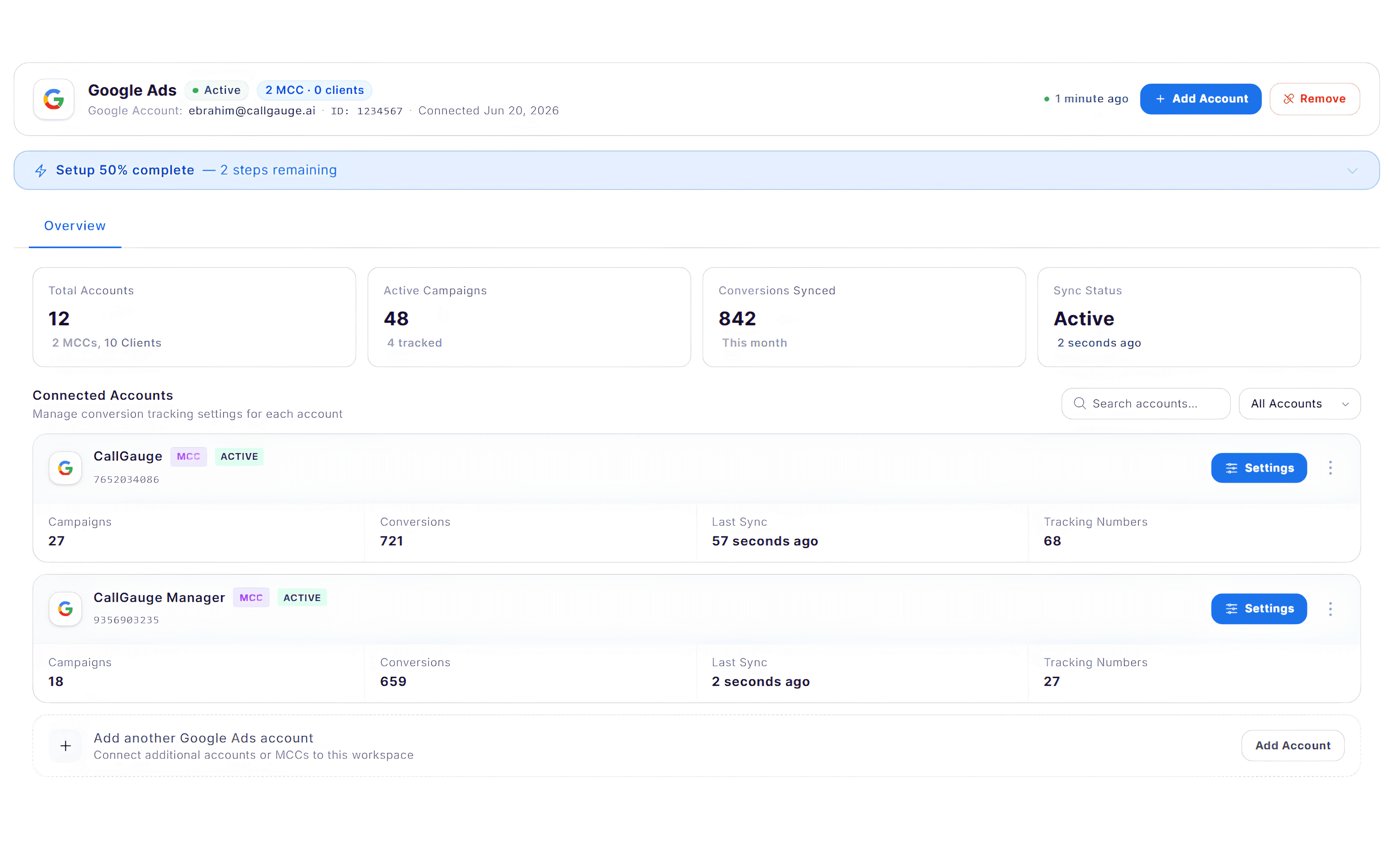 Google Ads integration setup showing connected accounts, connection status and configuration options.