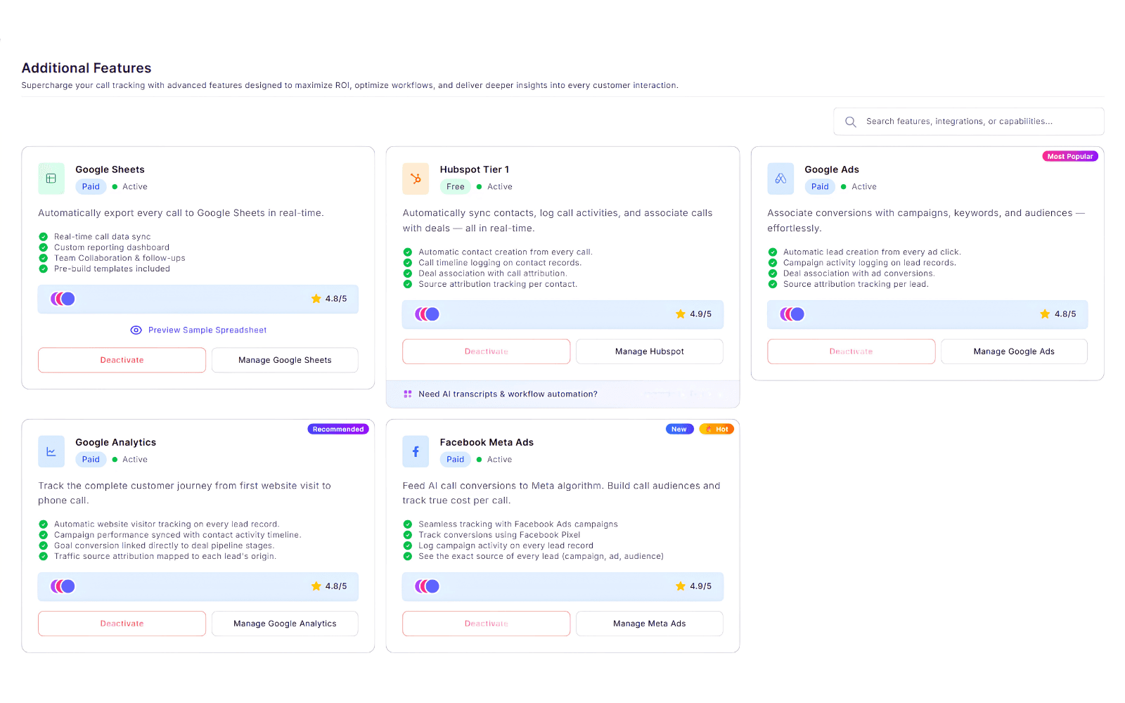 CallGauge AI Integrations page displaying Google Sheets, Google Ads, Google Analytics, Facebook Meta Ads and HubSpot CRM.