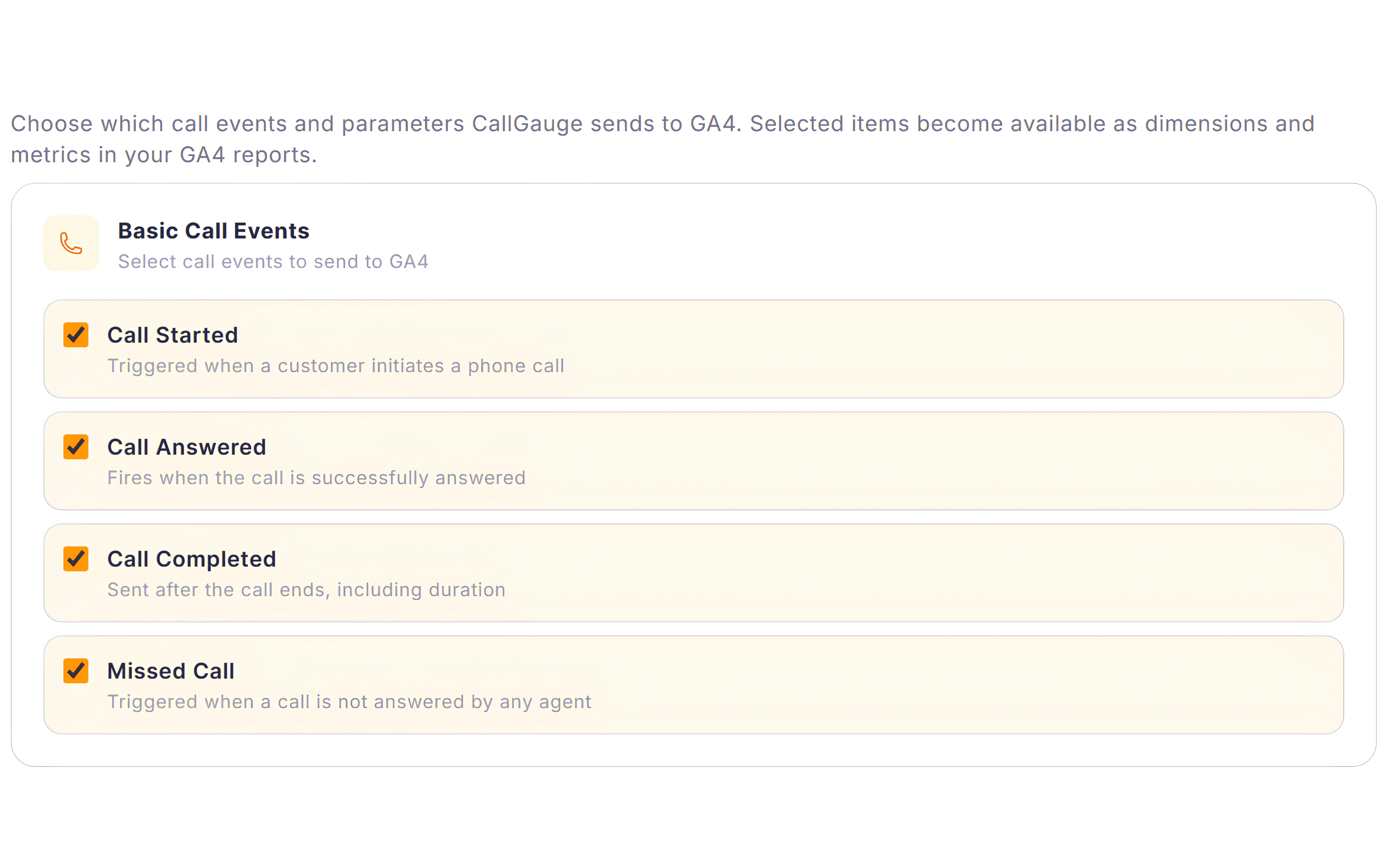 Interface showing CallGauge AI events being mapped to Google Analytics 4, including call_started and call_completed event parameters with marketing attribution data.