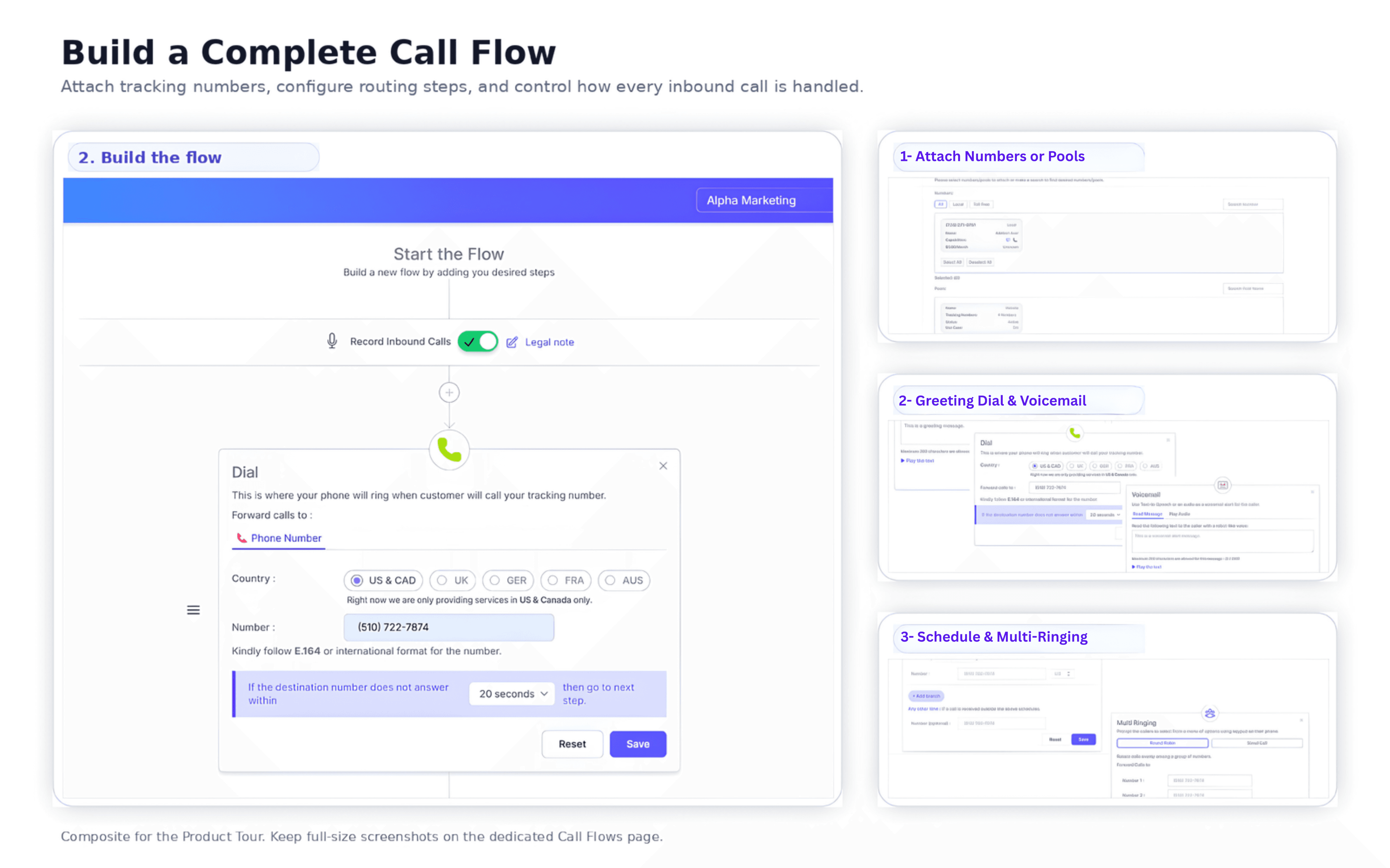 CallGauge AI call flow builder showing call routing and destination settings.
