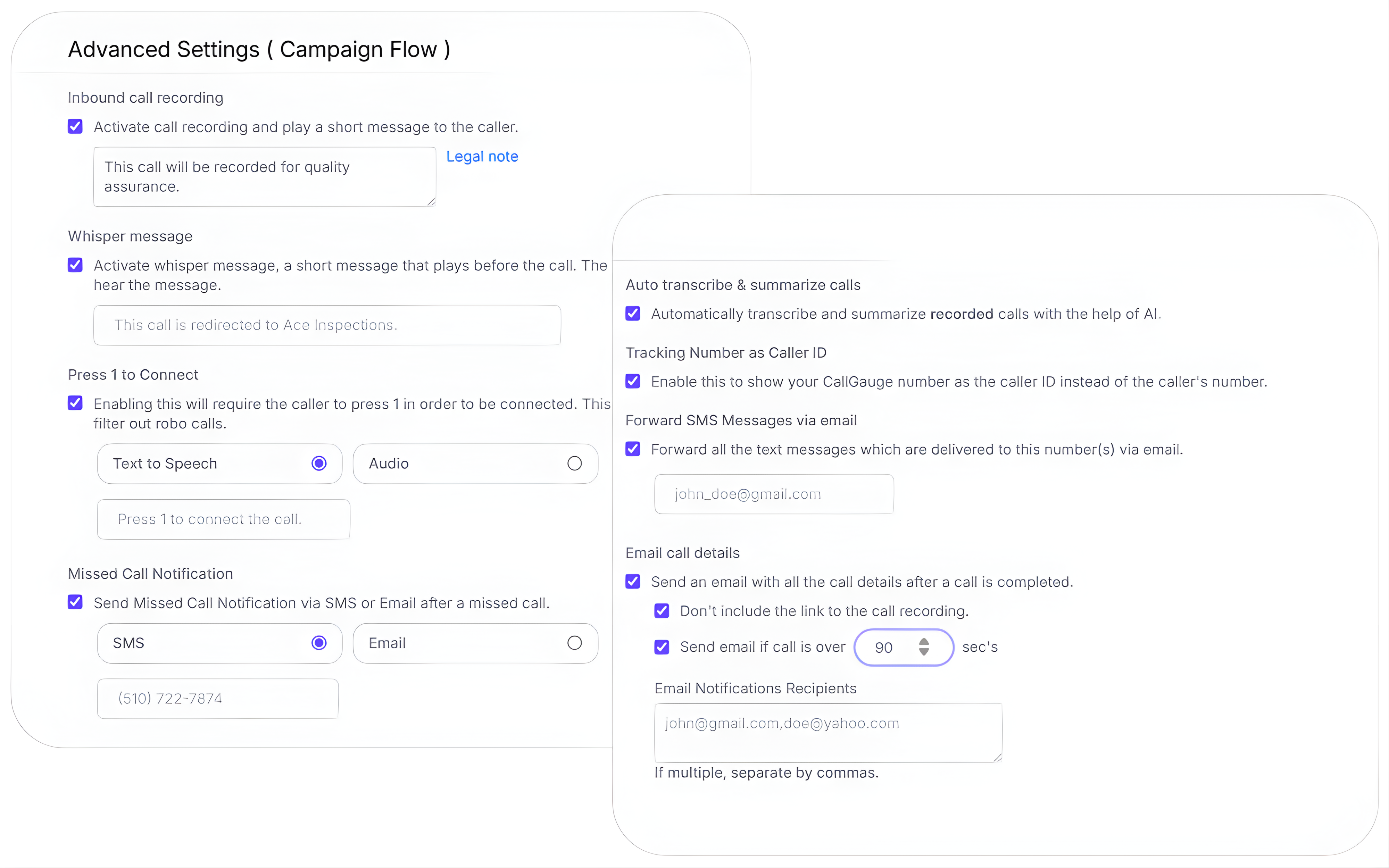 Advanced call flow settings with inbound call recording, AI call transcription, press 1 to connect and SMS email forwarding options