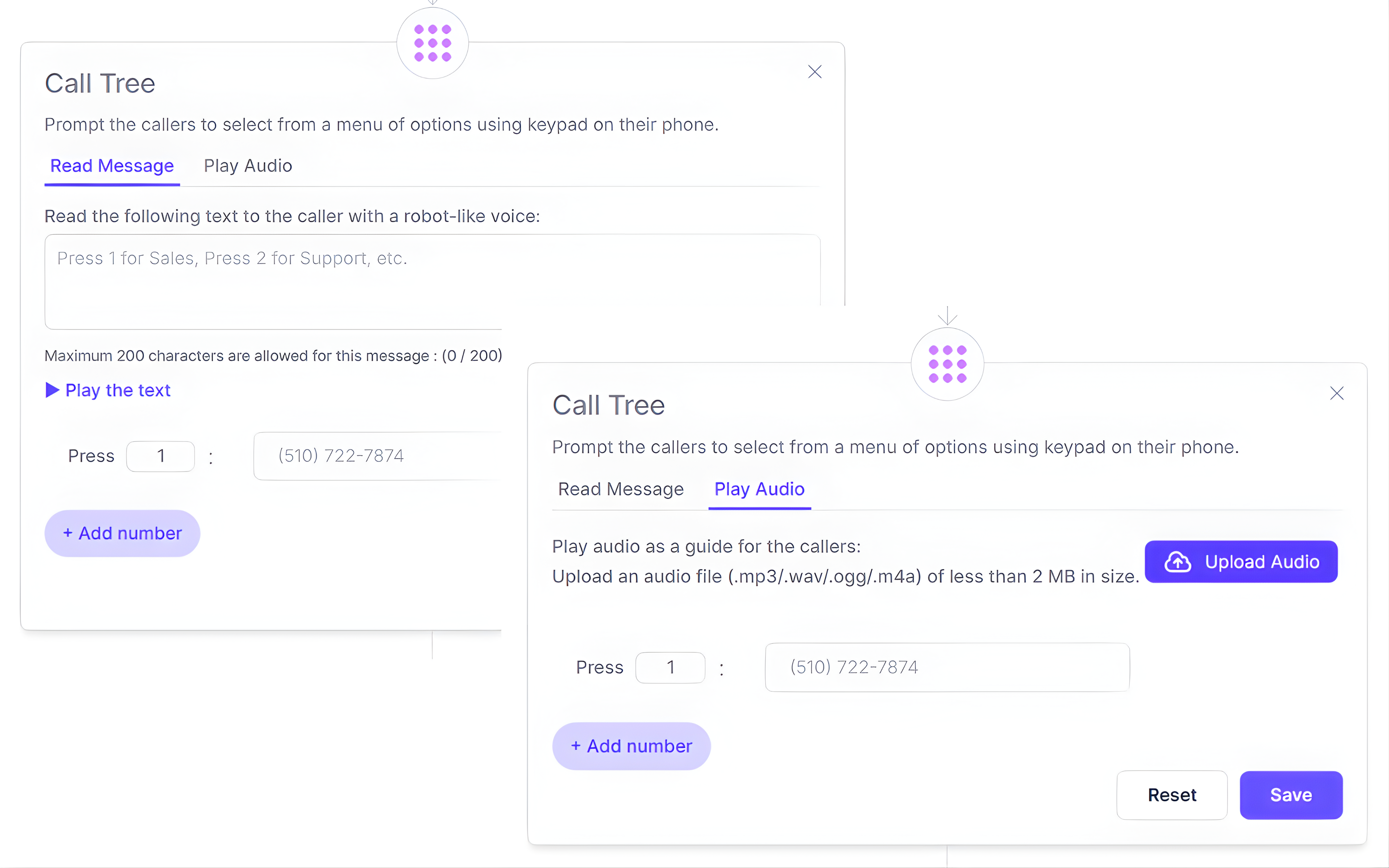 CallGauge AI call tree builder showing keypad menu routing for sales, support, and billing with customizable prompts.