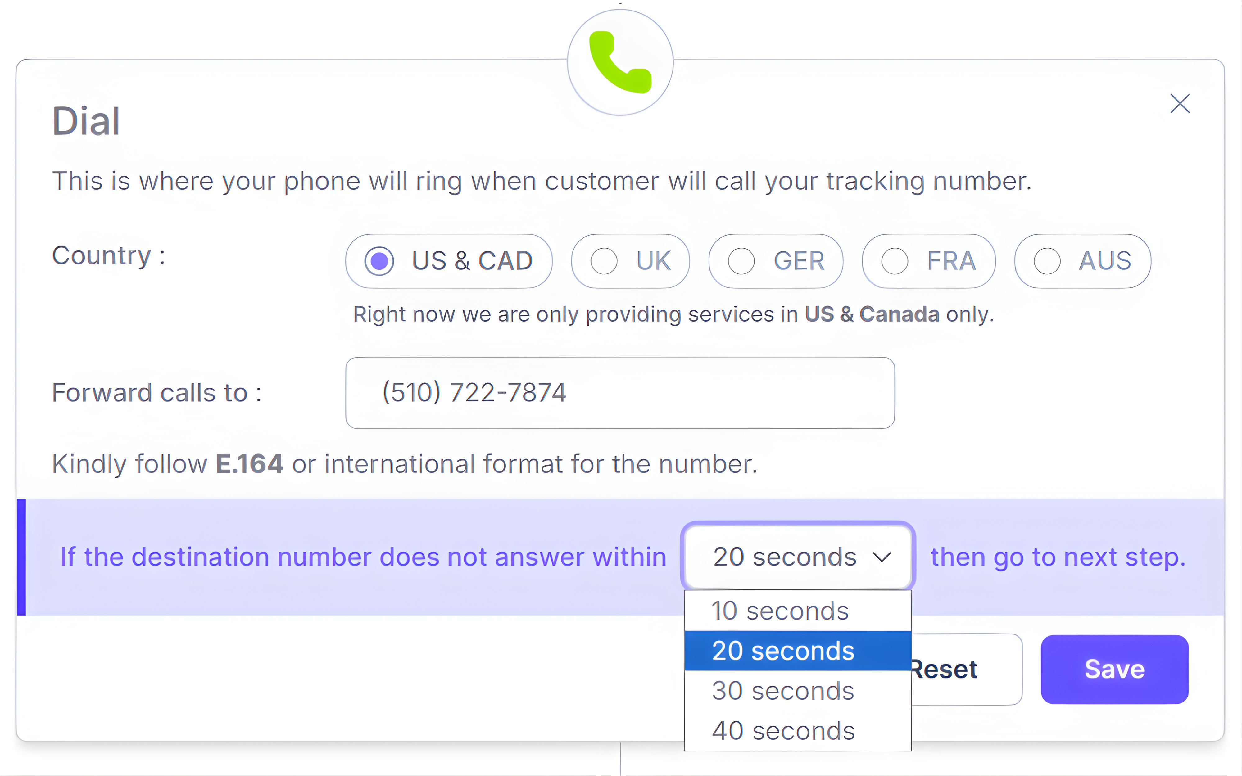 Call forwarding setup in call flow builder with inbound call routing, country selection and ring timeout configuration