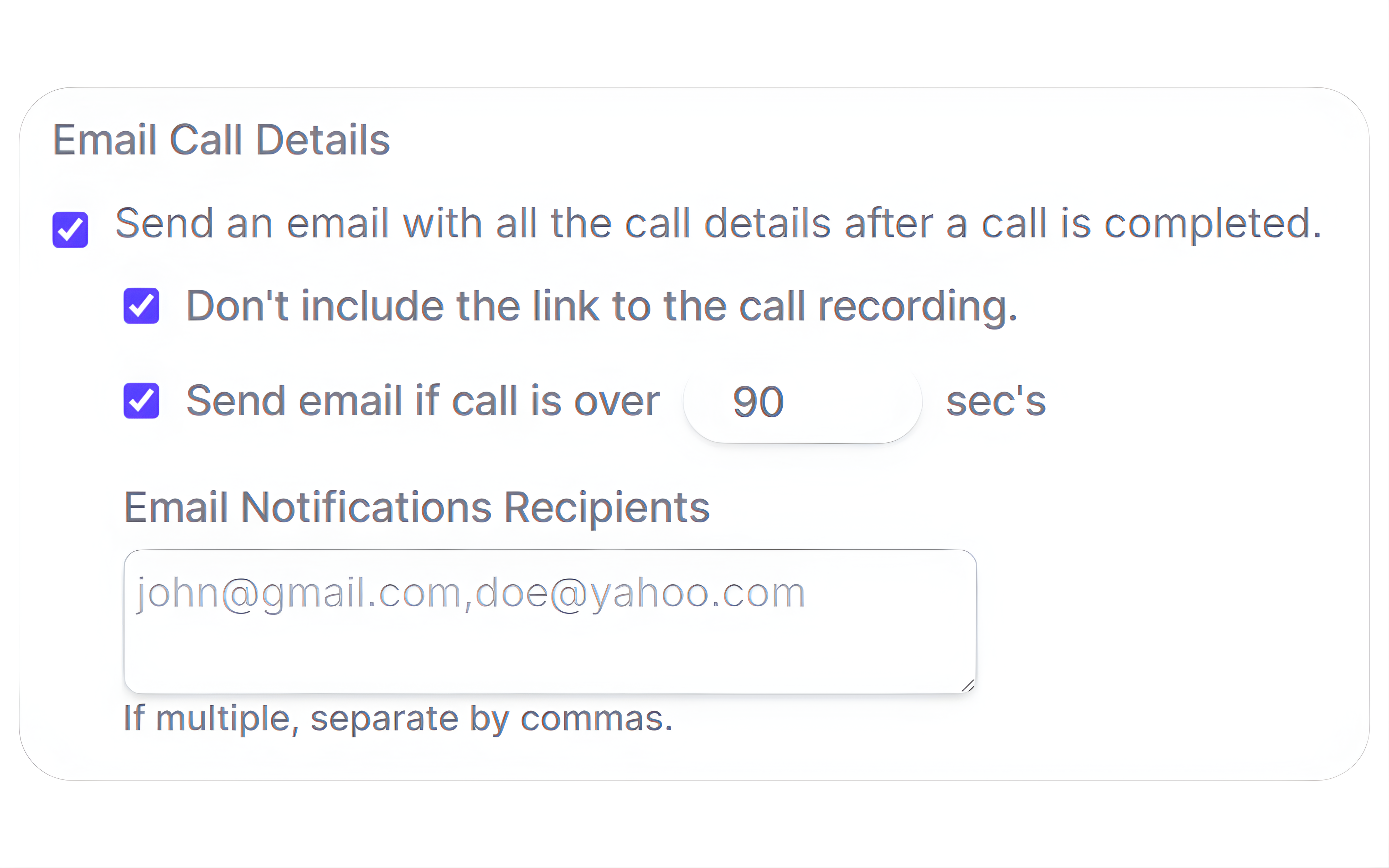 CallGauge AI email notifications showing real-time call alerts with duration filters to reduce spam and unqualified leads.