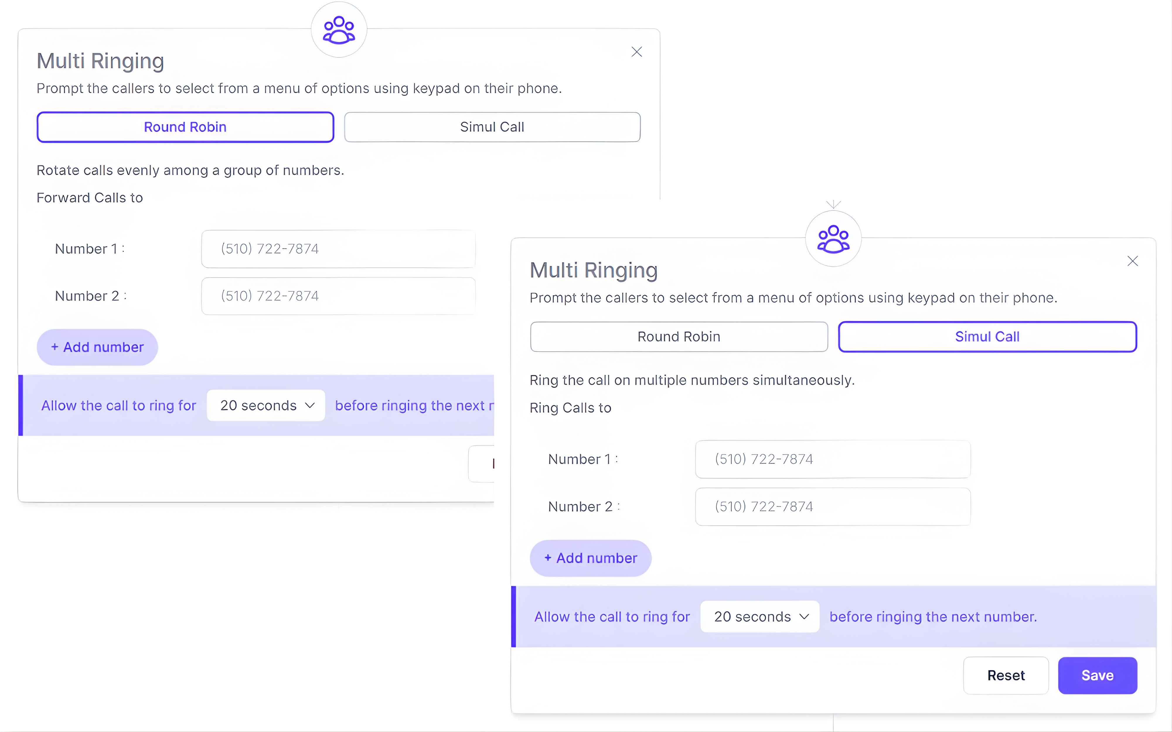 CallGauge AI multi-ringing feature allowing up to 10 numbers to ring at once so the first available person answers.